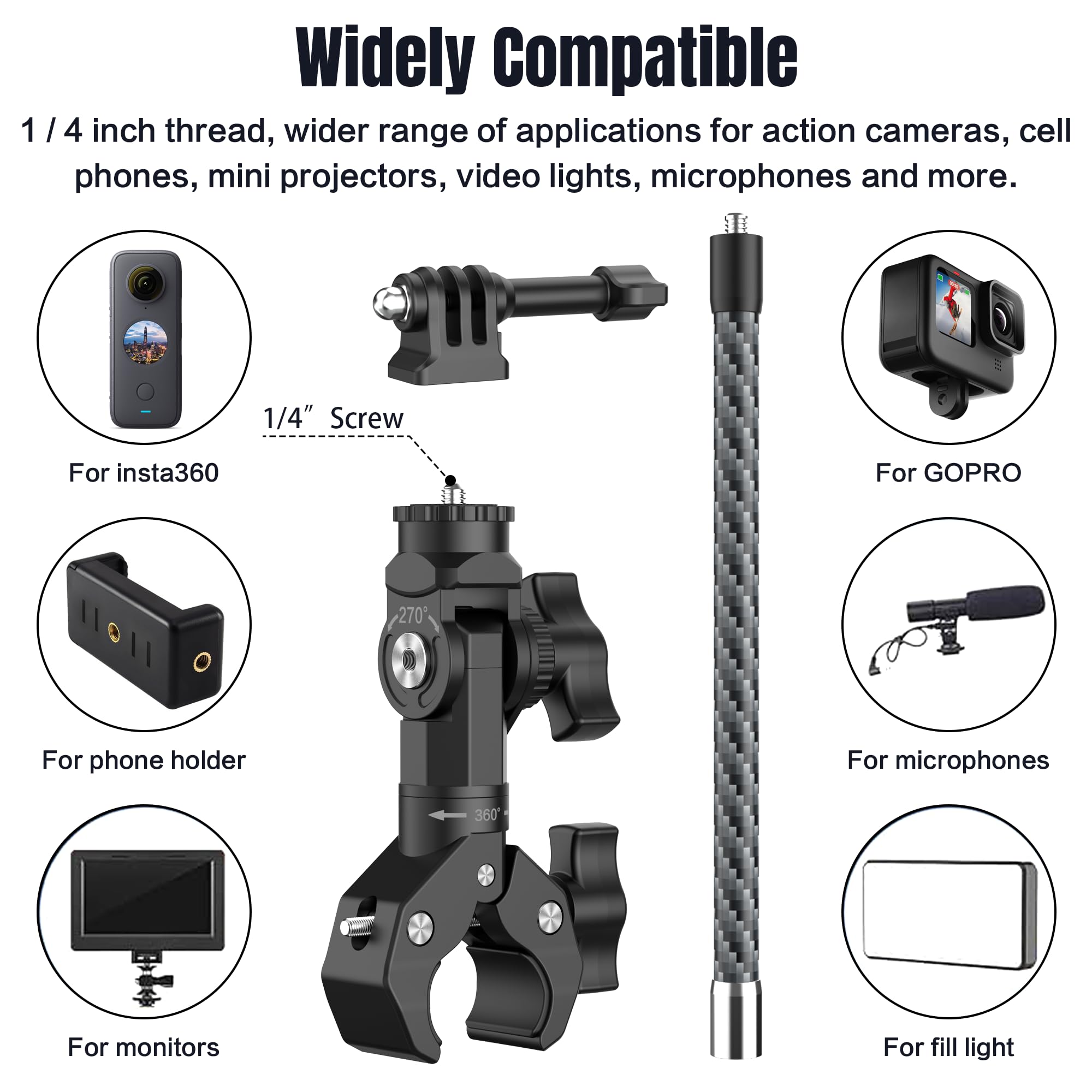 Bike Motorcycle Camera Mount Bundle Kit For Insta 360 One X4, X3, X2, Include 360� Ballhead Handlebar Clamp Extension Rod And Helmet Flexible Adhesive Mount For Gopro 13 12 11 10 9 8 7 6 5 Dji Osmo