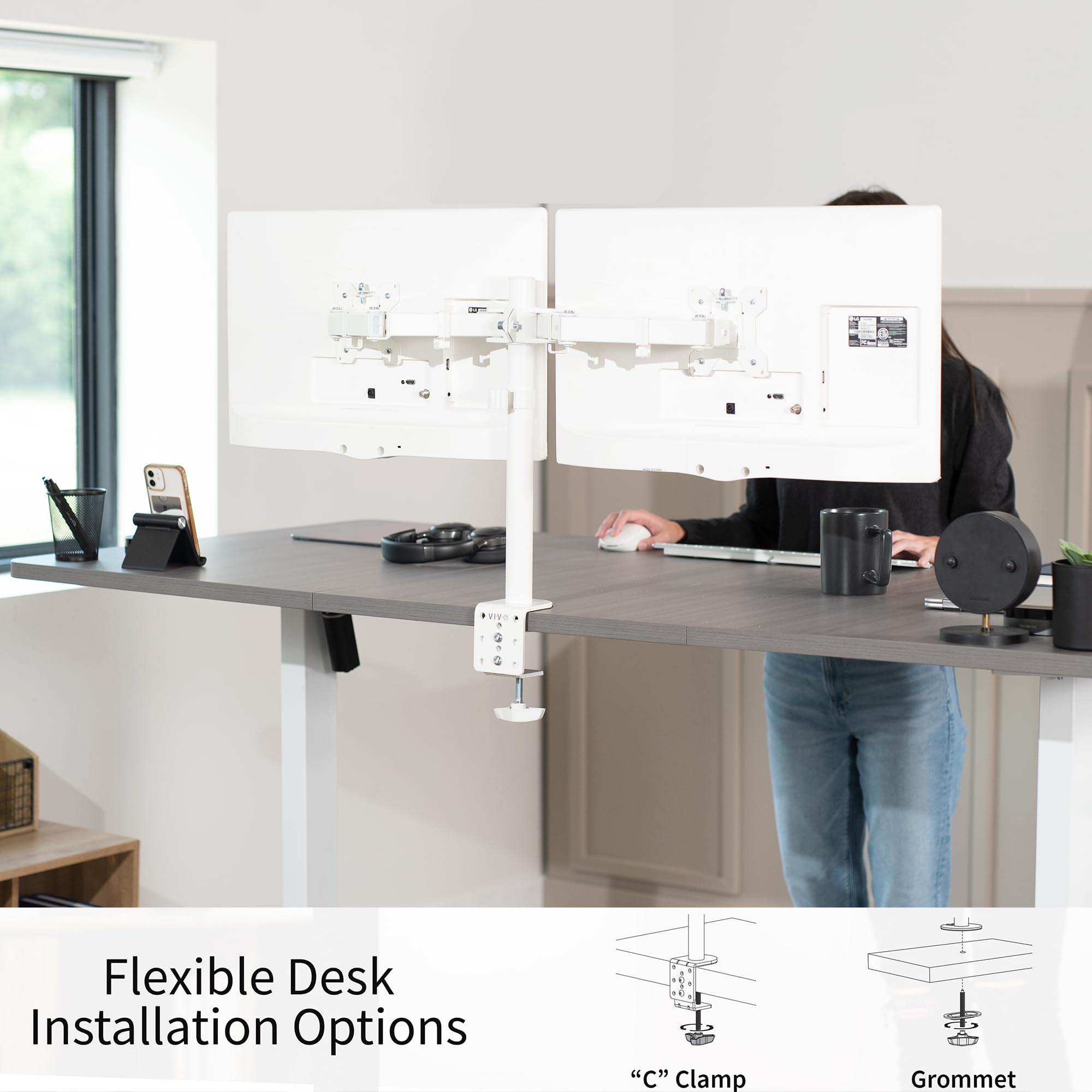 VIVO Dual Monitor Desk Mount, Heavy Duty Fully Adjustable Steel Stand, Holds 2 Computer Screens up to 30 inches and Max 22lbs Each, White, STAND V002W