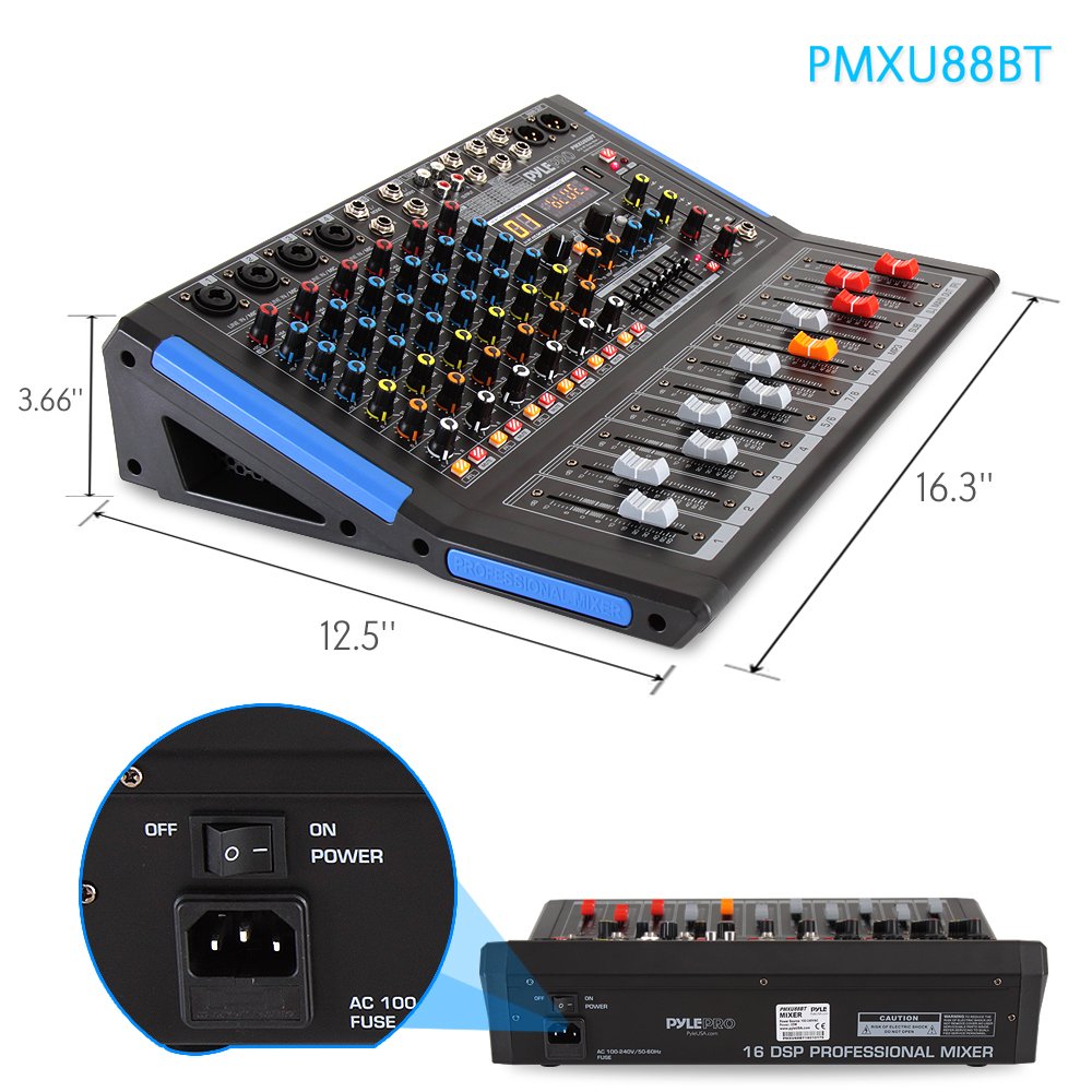 Pyle 8-Channel Bluetooth Studio Audio Mixer- Dj Sound Controller Interface W/ Usb Drive For Pc Recording Input, Xlr Microphone J