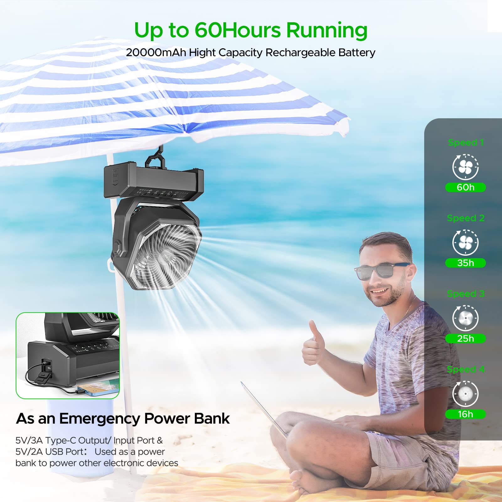 Rechargeable Camping Fan With Led Lantern, 20000Mah Auto Oscillating Battery Operated Desk Fan With Remote&Hook, 8    Portable F