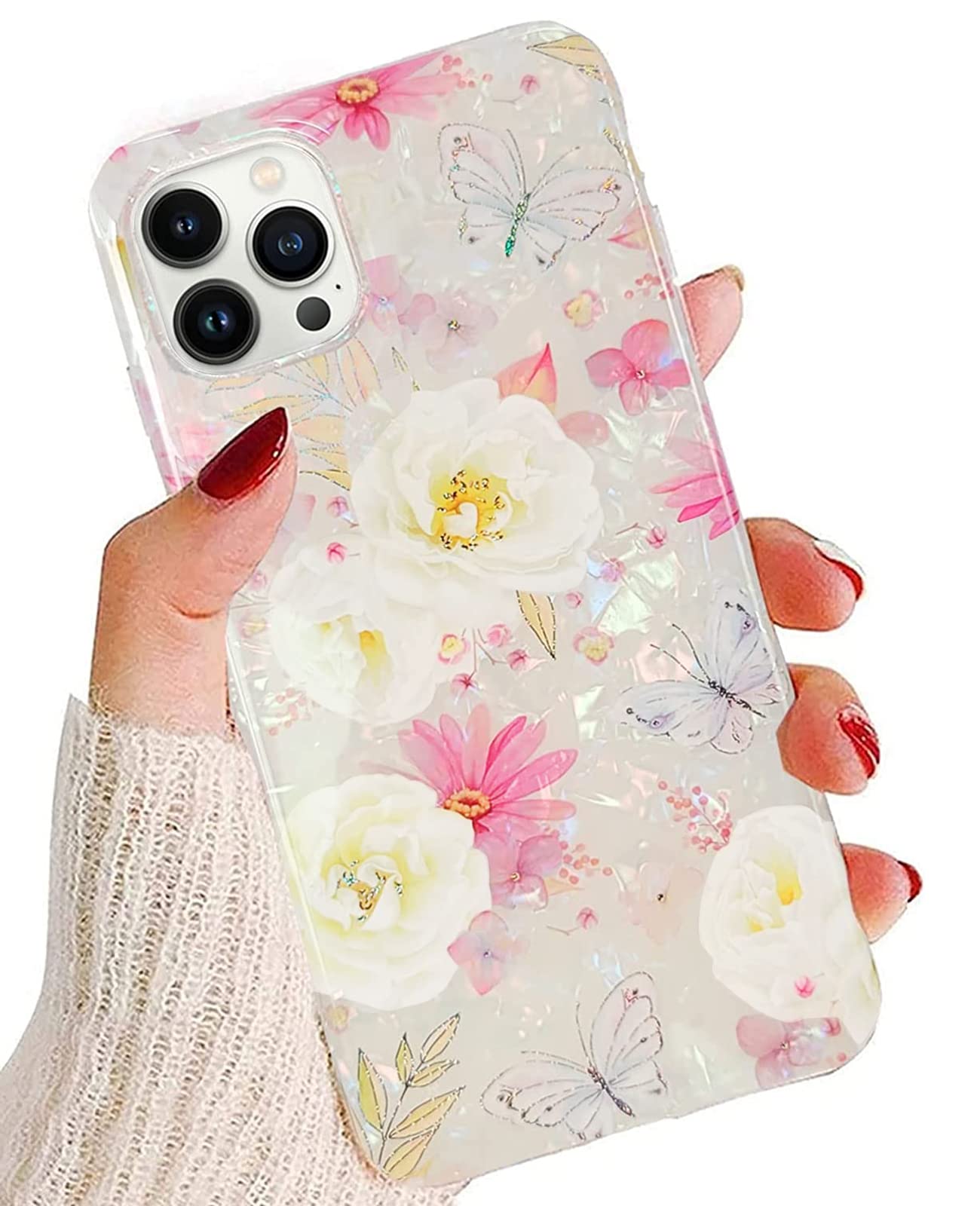 J.West For Iphone 14 Pro Max Case 6.7 Inch,Luxury Sparkle Glitter Soft Clear Colorful Opal Pearly Thinfoil Design Floral Print S