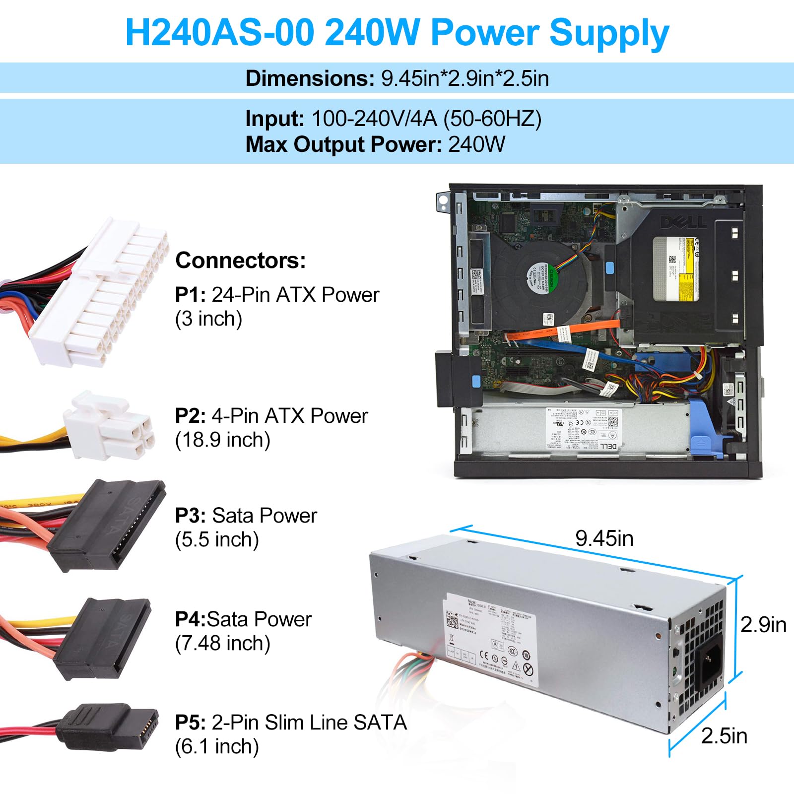 S Union 240W Power Supply Unit Replacement For Dell Optiplex 390 790 960 990 3010 9010 Small Form Factor System Sff H240As 00 H240As 01 H240Es 00 D240Es 00 Ac240As 00 Ac240Es 00 L240As 00 Ph3C2