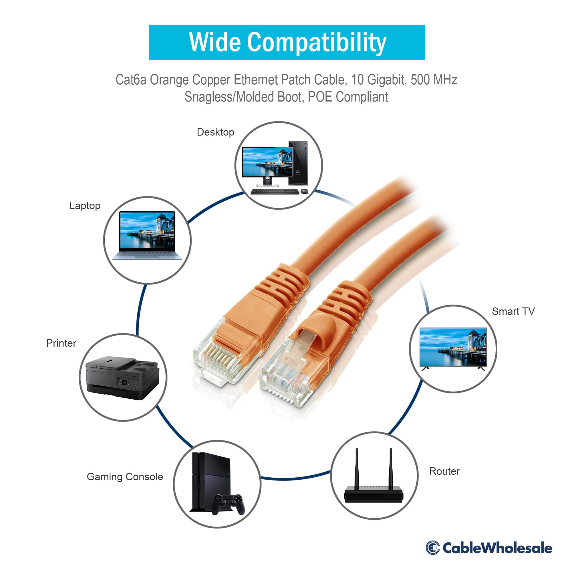 Cablewholesale 50 Foot Orange Cat6A Ethernet Patch Cable, Snagless/Boot With Rj45 Connector, 500 Mhz, 24 Awg, Utp(Unshielded Twi
