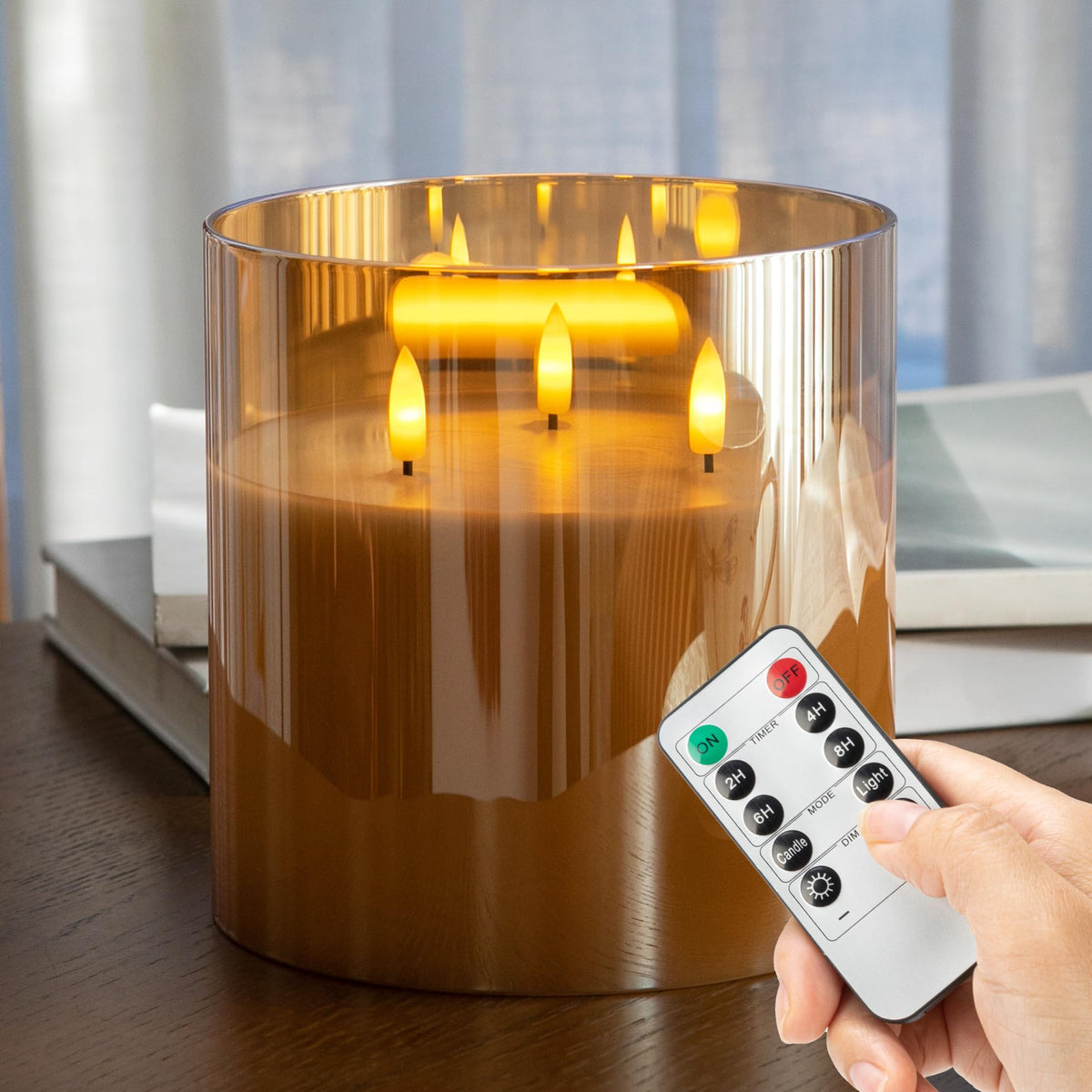 Afineth Extra Large Flameless Candles With 3 Wicks, 6''X6'' Glass Battery Operated Candles With Remote, Real Wax Flickering Led