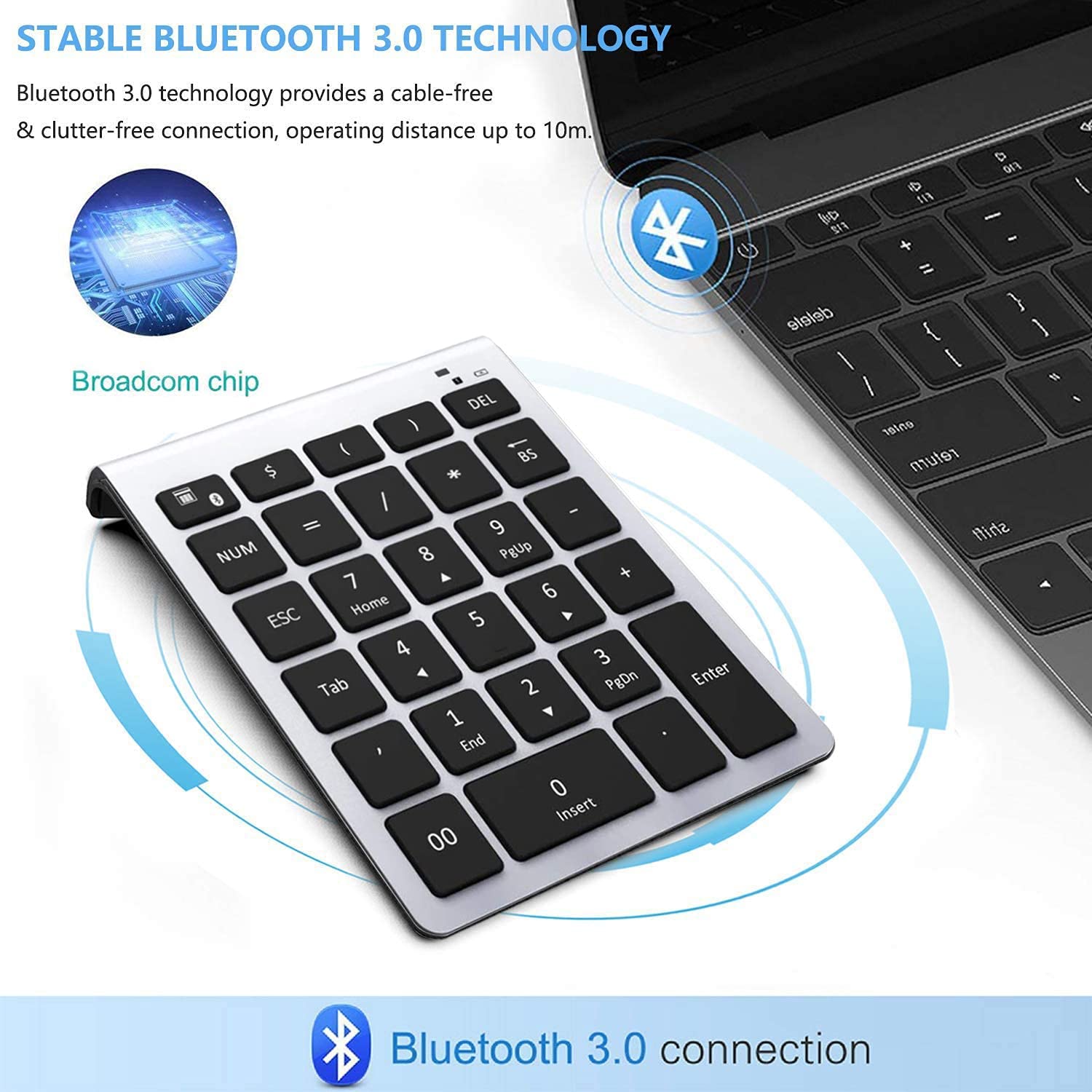 Lekvey Bluetooth Number Pad, 10 Keys Numeric Keypad Portable Wireless Bluetooth Keypad : 28 Key Numpad Extensions For Financial Accounting Data Entry For Laptop Surface Pro Tablets Windows, Silver