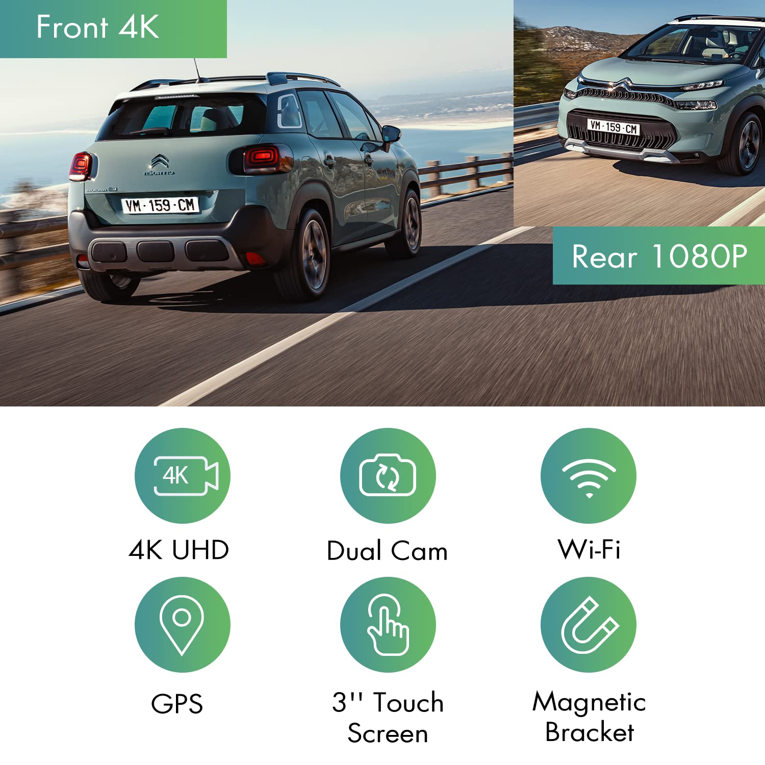 Heaboli 4K Dual Dash Cam Front And Rear, Wi Fi Gps, 3 Inches Ips Touch Screen, Car Camera Driving Recorder With Night Vision, Pa