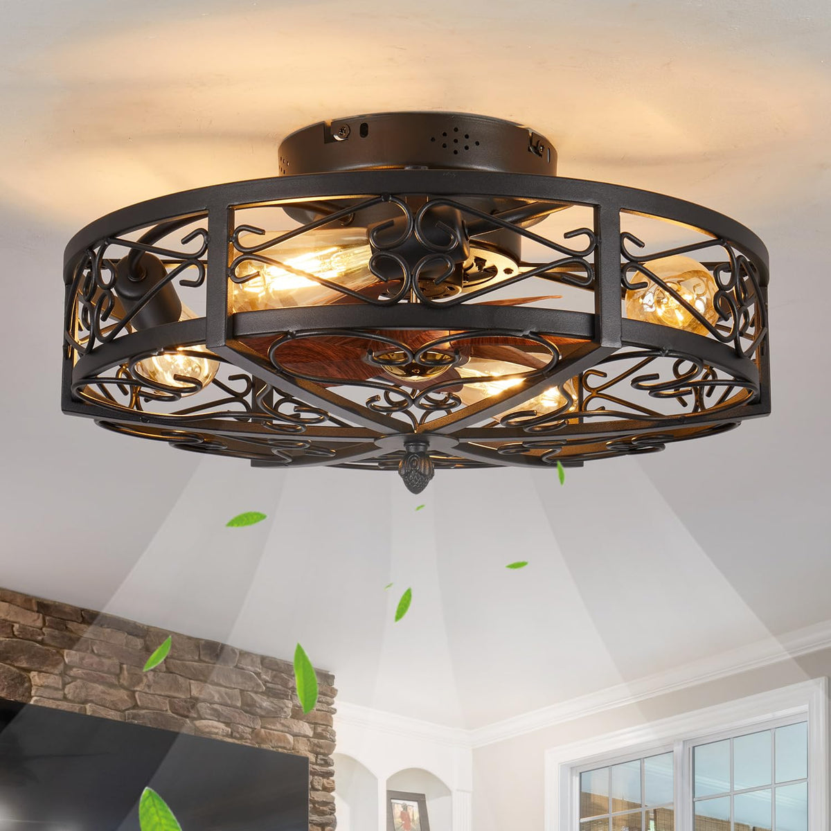 Mezeyo 20'' Caged Farmhouse Flush Mount Ceiling Fan With Light And Remote Control Bladeless Low Profile Ceiling Fans With Lights