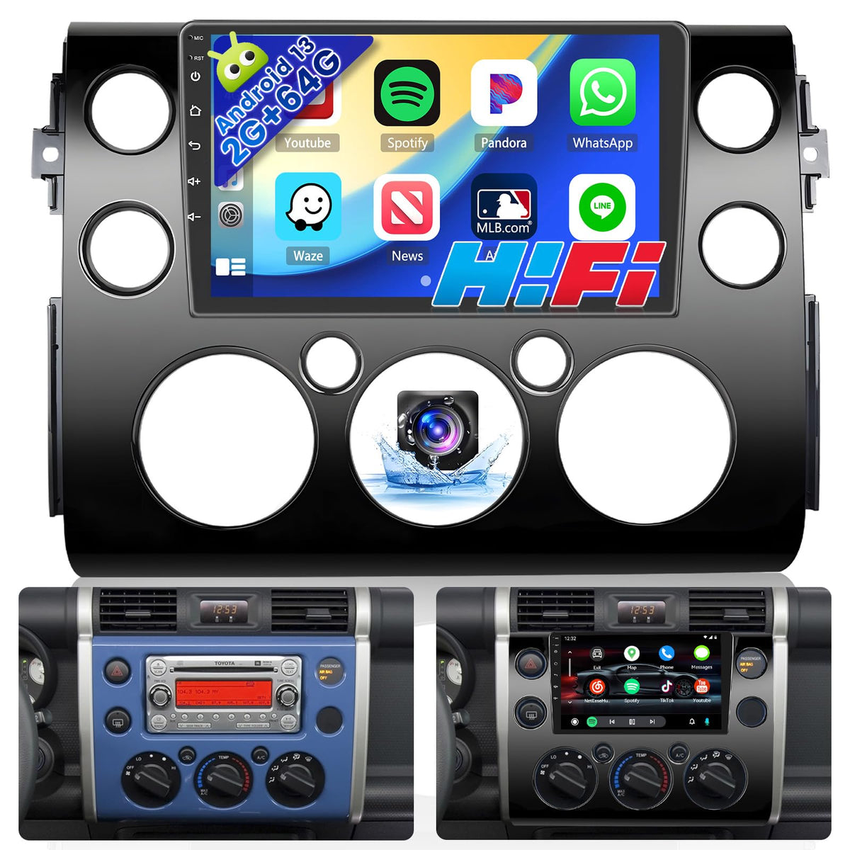 Car Stereo for Toyota FJ Cruiser 2007-2018, Wireless CarPlay Android auto, 2+64G 9 inch Android 13 Touch Screen Bluetooth Radio with HiFi AHD Backup Camera GPS Navigation Canbus