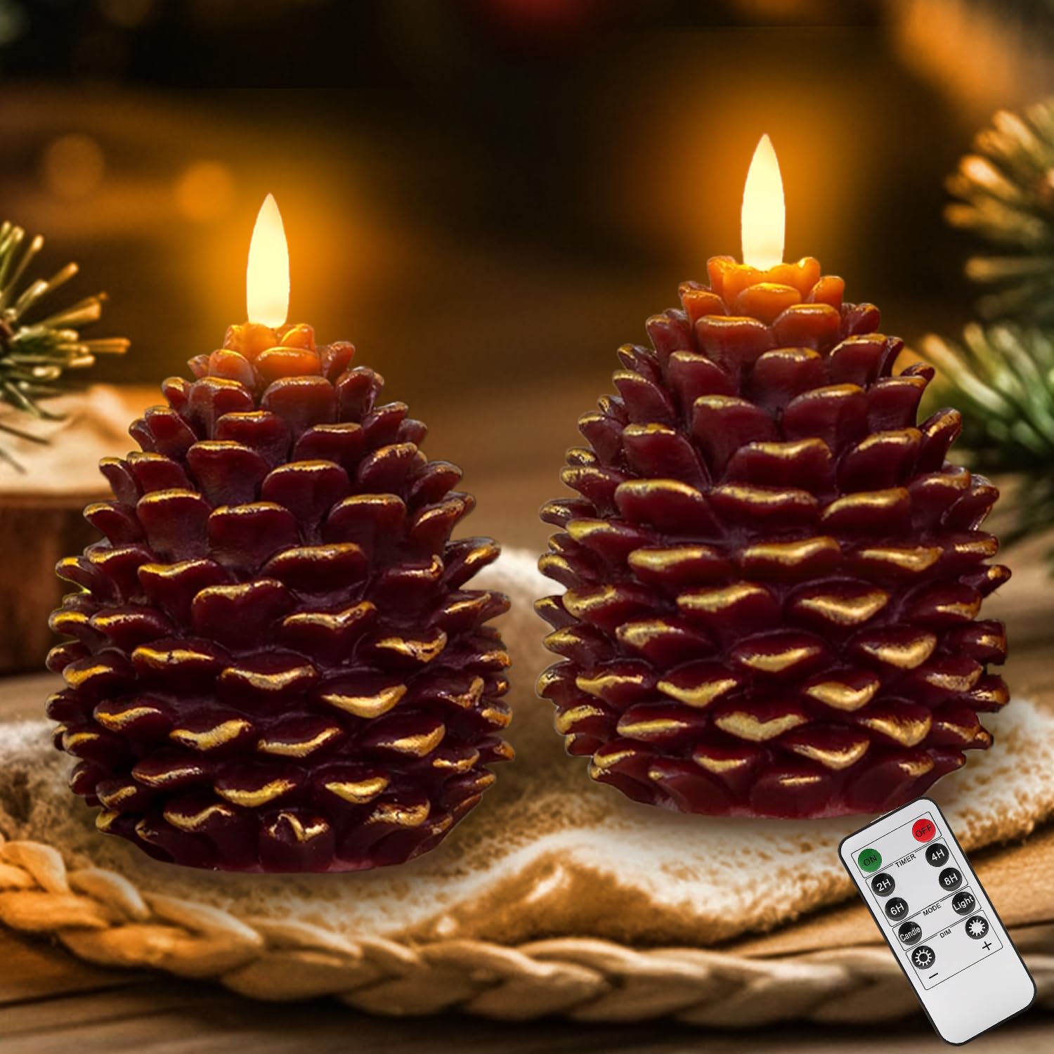 ilifemate Pinecone Candles Flameless with Timer - Battery Operated LED Candles, Realistic Flickering Flame, Rustic Holiday & Win