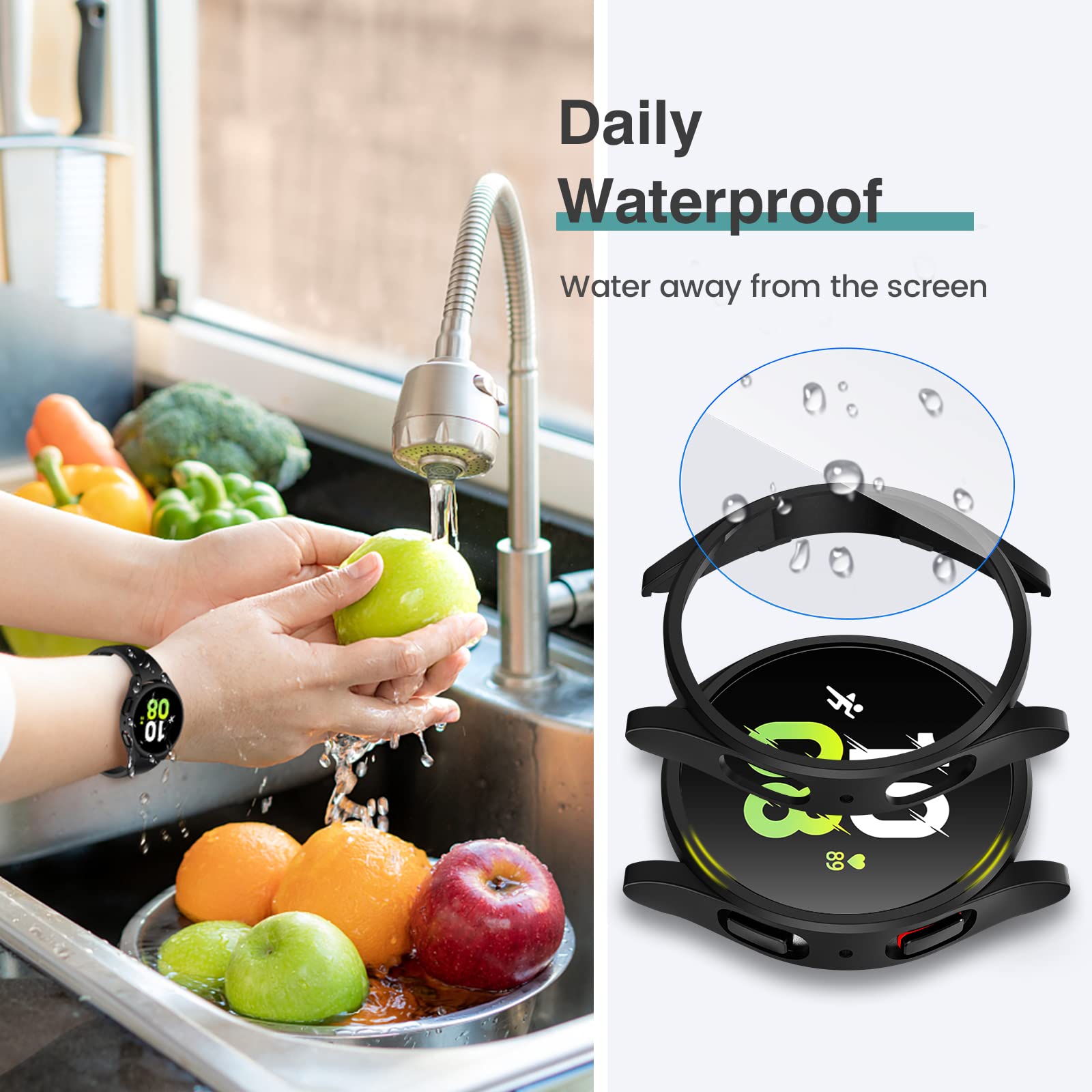 Tensea [4+4Pack] For Samsung Galaxy Watch 5 2022/4 2021 Screen Protector And Case 44Mm, Anti-Fog Tempered Glass Protective Film/