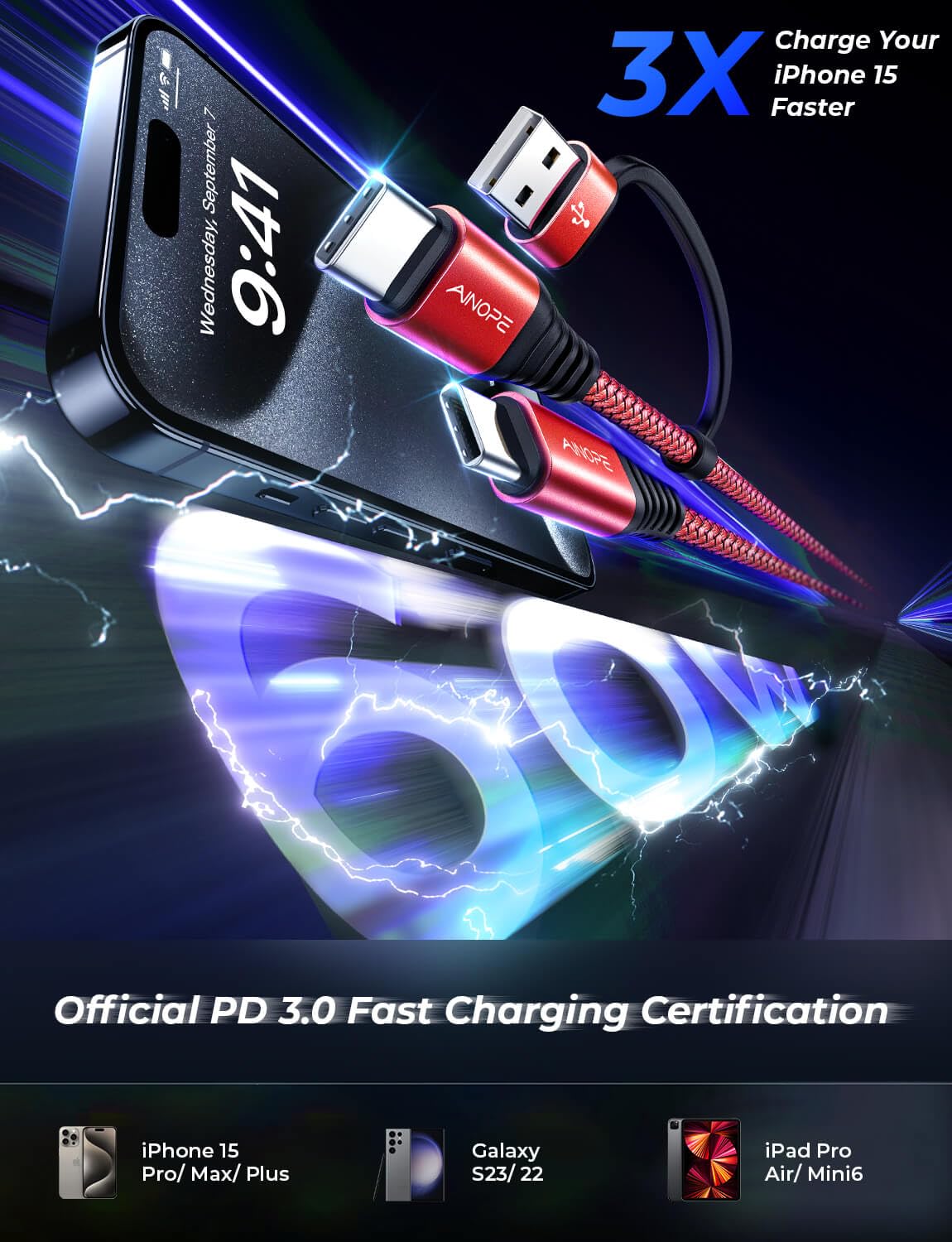 Ainope Type C Charger Fast Charging 3.1A 10Ft Ipad Pro Charger Cable Long Lasting Nylon Braided C Charger Cable Fast Charging Fo