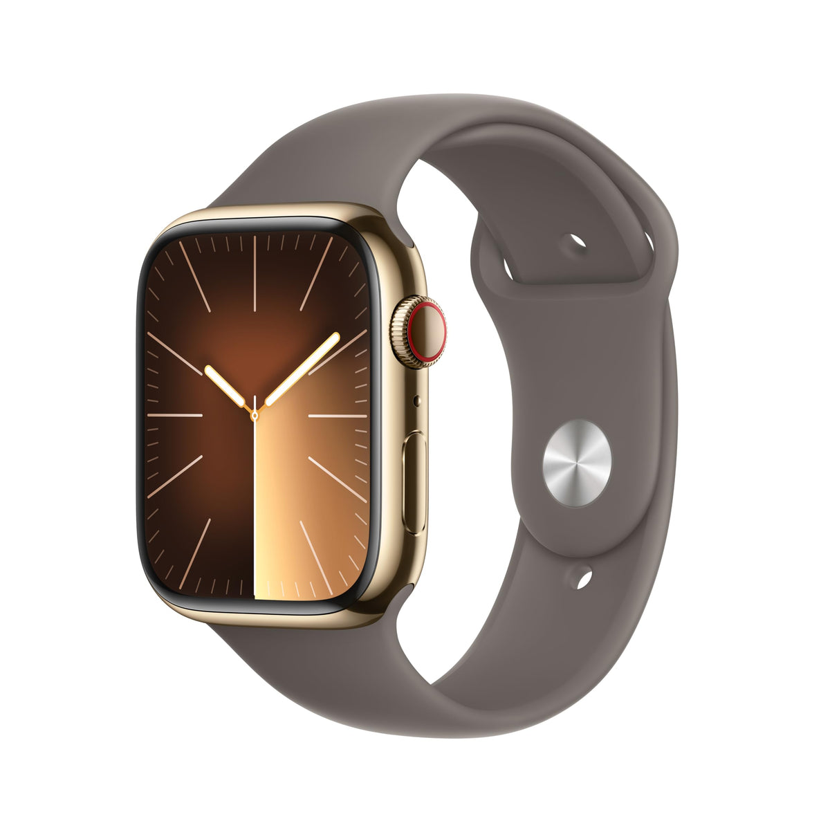 Apple Watch Series 9 [GPS + Cellular 45mm] Smartwatch with Gold Stainless Steel Case with Clay Sport Band S/M. Fitness Tracker, Blood Oxygen & ECG Apps, Always On Retina Display