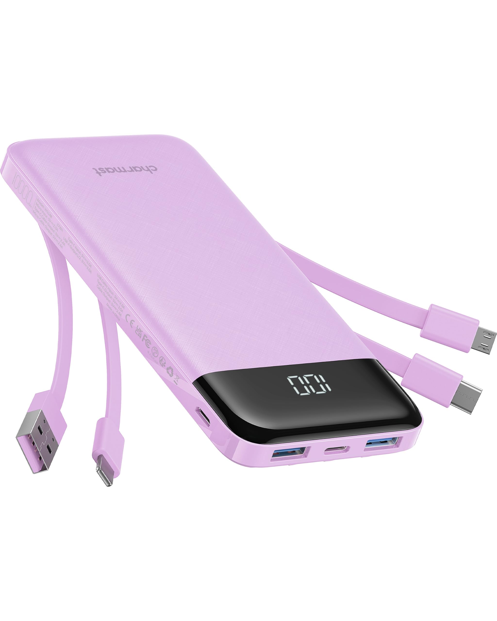 charmast Portable Charger Power Bank with Reinforced Builtin 4 Cables