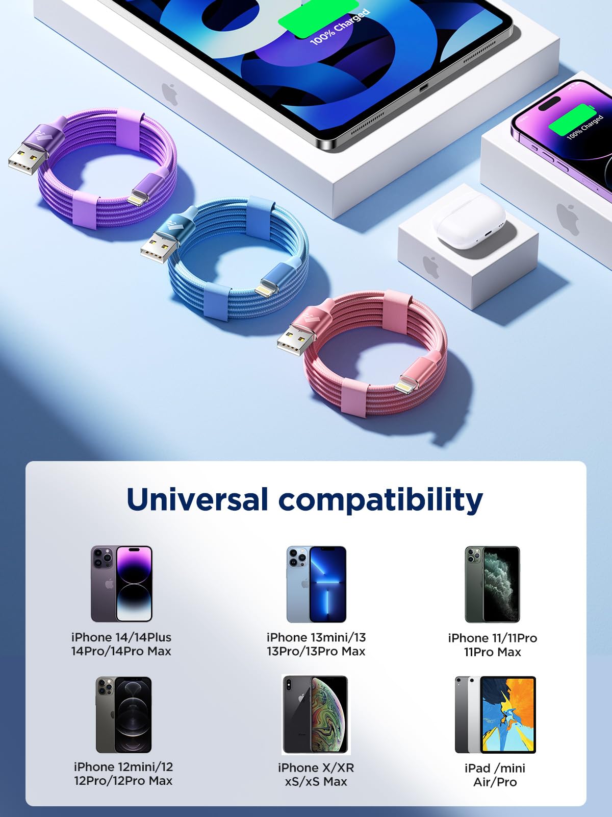 Aioneus Iphone Charger 10 Ft 3Pack, Long Iphone Charger Cord [Apple Certified] Lightning Cable 10Ft Nylon Braided Extra Long Iphone Charger 3A Fast Charging Cord For Iphone 14 13 12 11 Xs Max Xr 8 Se