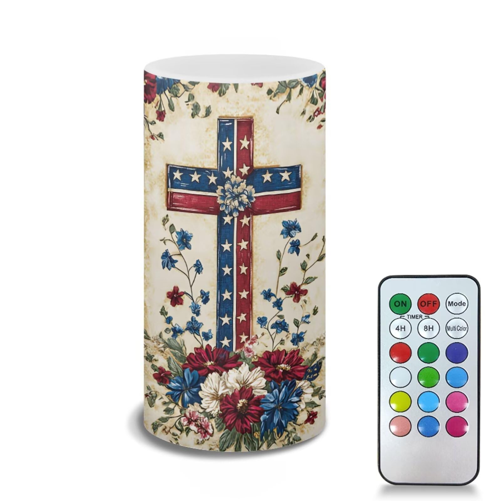 Poceacles Cross American Flag Floral Print Flameless Candle 4th of July Patriotic Decorations Flickering Wick Realistic Votive E