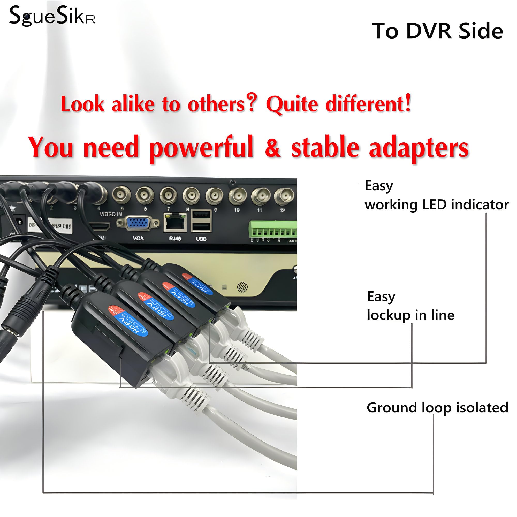 Sguesikr 4 Pair Bnc To Rj45 Passive Video Balun With Power, Cat5E/Cat6 To Bnc Adapter, 1080P 8Mp Analog Surveillance Camera Ethe