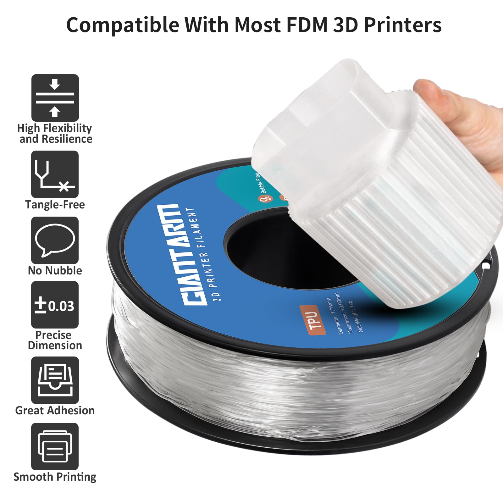Giantarm Tpu Filament, 95A Tpu Filament 1.75Mm, Dimensional Accuracy +/  0.03, Flexible Soft 3D Printer Filament 1Kg Spool(2.2 L