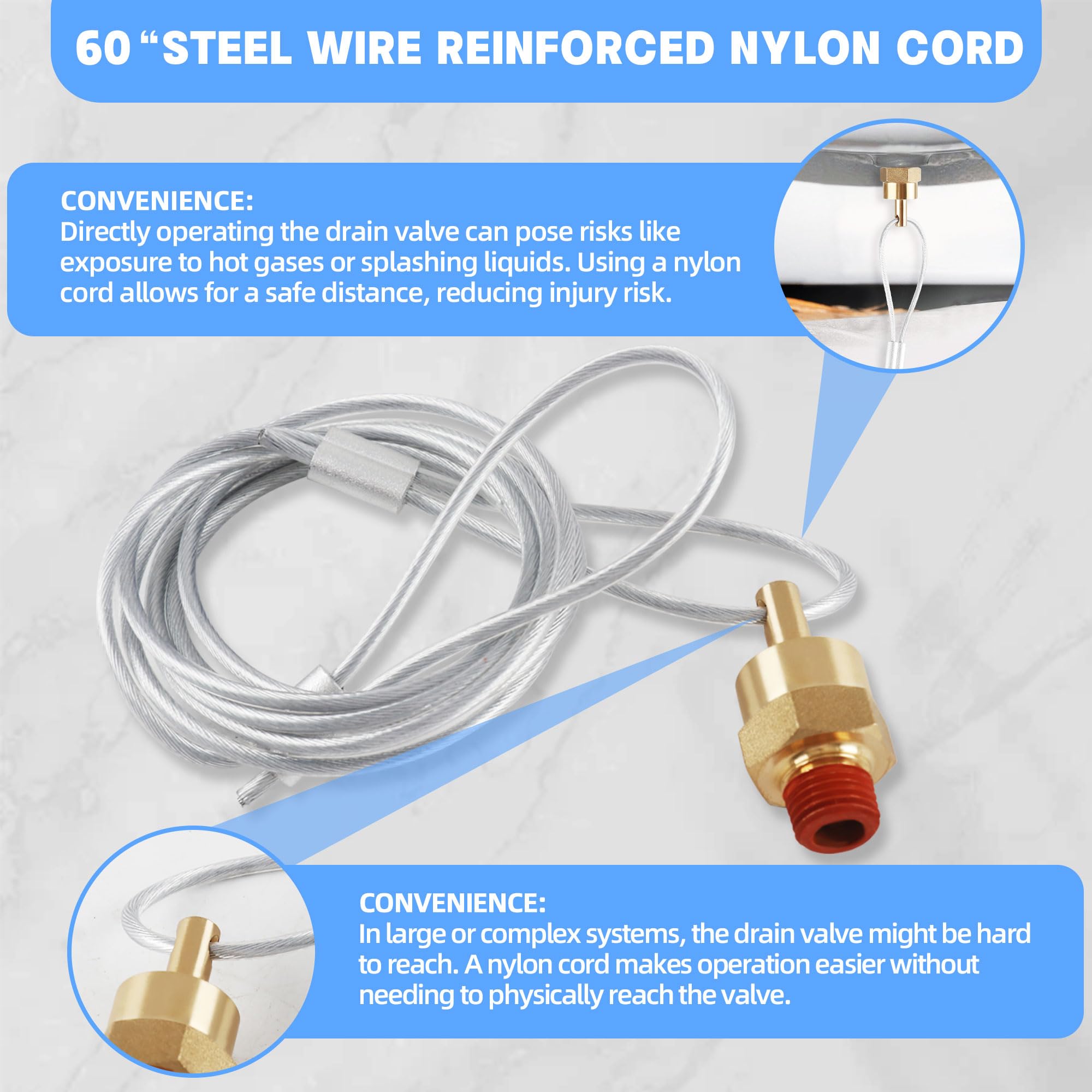 Dazakoot 1/4    Air Tank Drain Valve Plug With 60    Cable, Replace Air Compressor Drain Valve Cable For Semi Trucks   2Pcs