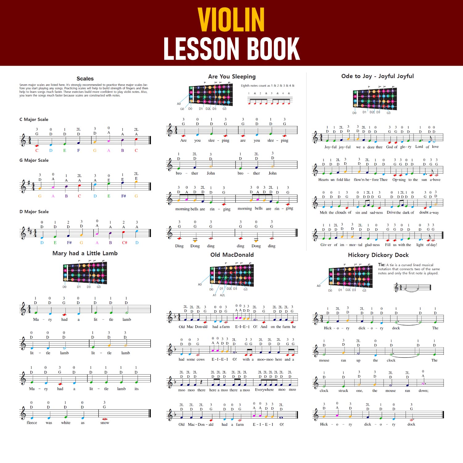 Qmg Beginner Violin Lesson Book, Suitable For All Levels, Color Coded Notes, 50 Amazing & Popular Songs
