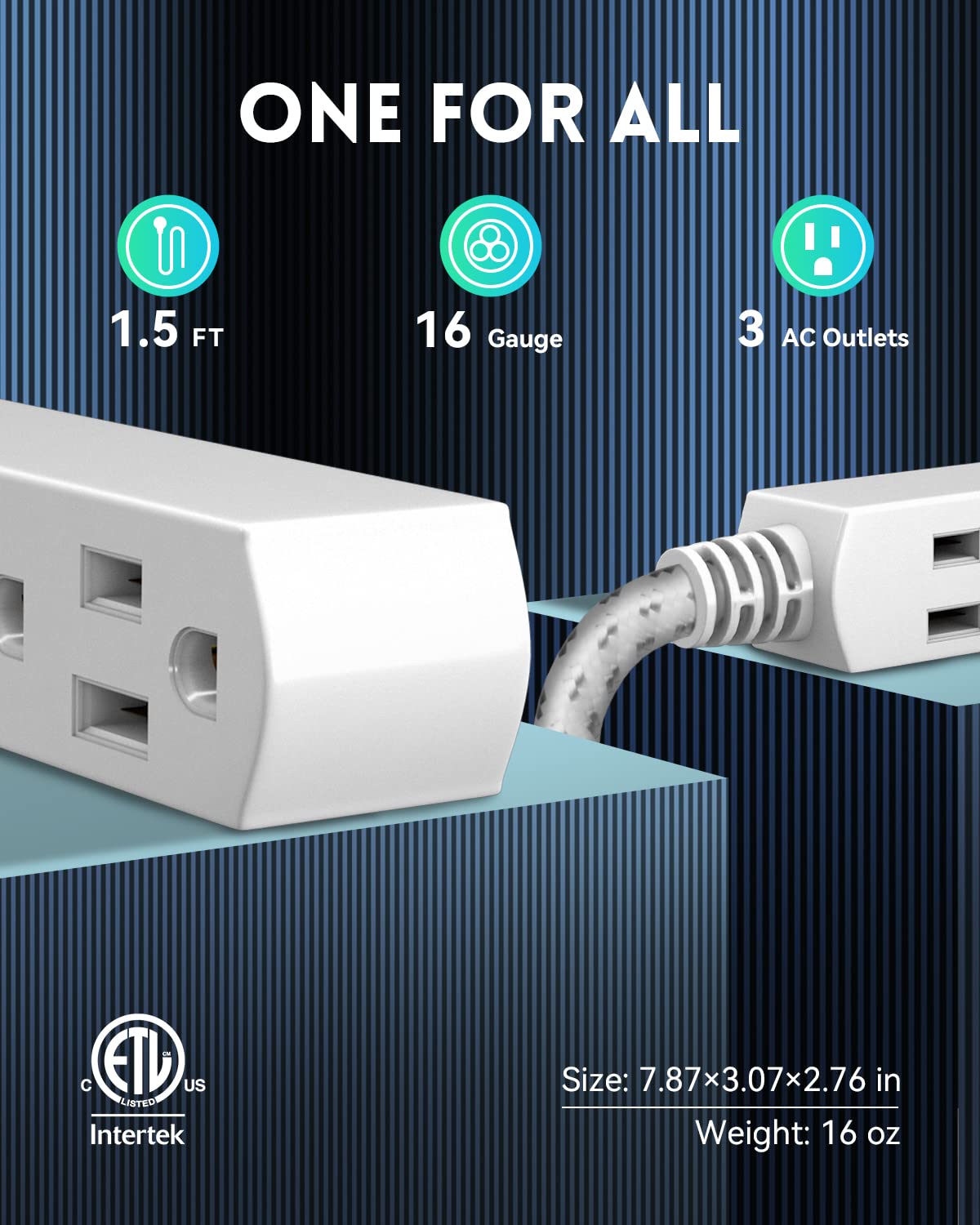 Plugtul Flat Plug Extension Cord 1.5 Ft, 3 Outlet Braided White Extension Cord, 16 Gauge 3 Prong Grounded Wire, Home And Office,