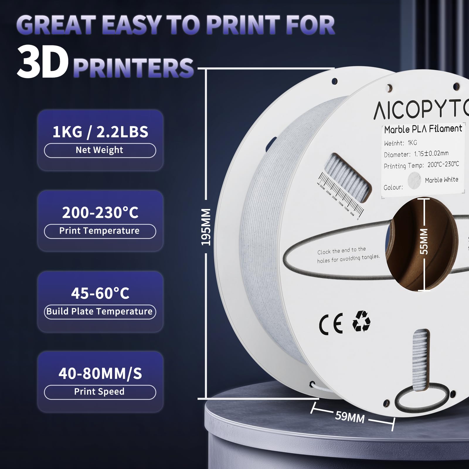 Aicopyto Marble Pla Filament 1.75Mm, Tougher And Stronger 1Kg Spool (2.2Lbs) 3D Printer Stone&Rock Pla Filament Dimensional Accu