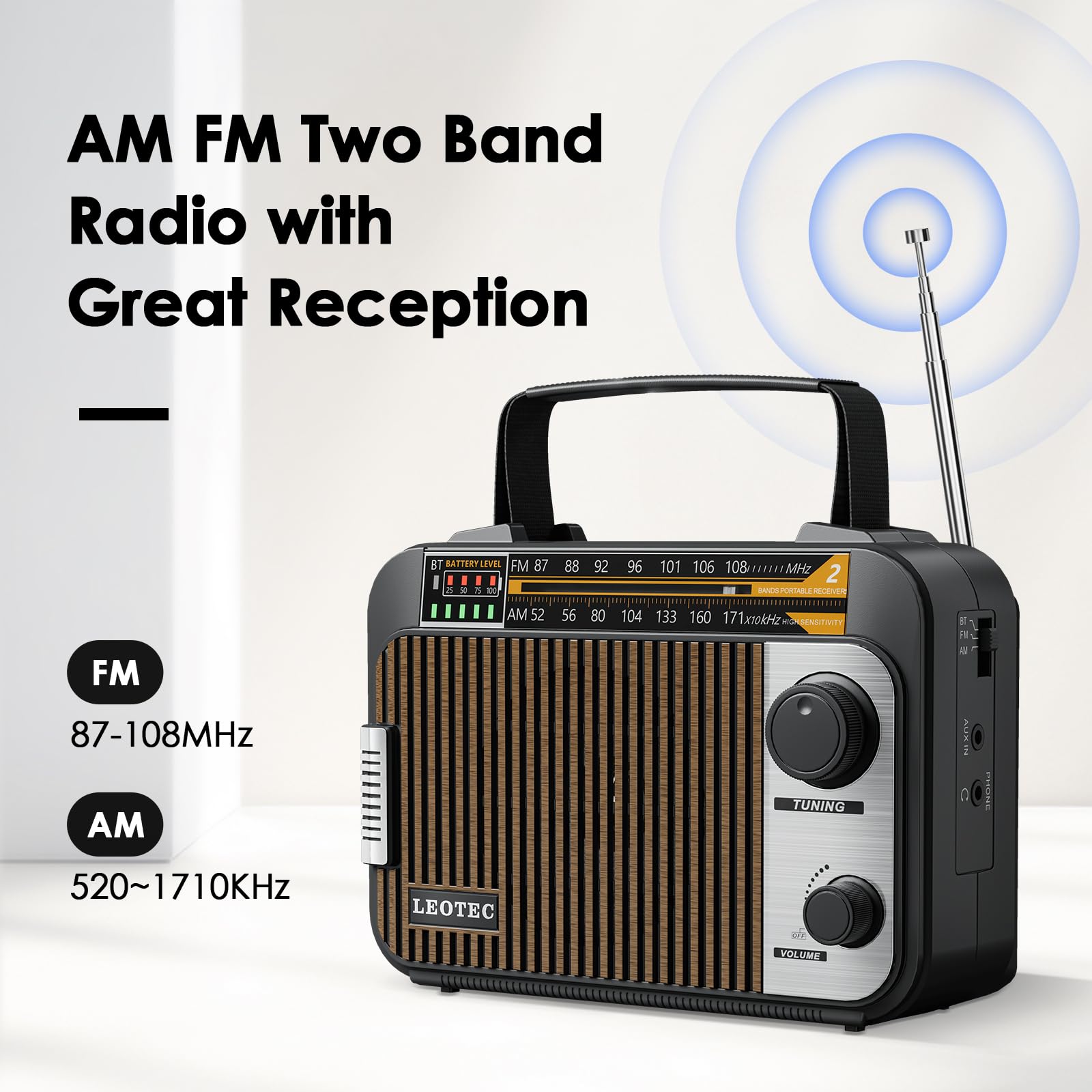 Leotec Am Fm Radio With Bluetooth,Portable Vintage Transistor Radio Rechargeable Battery/4 Aa Cell Battery Operated/Plug In Wall