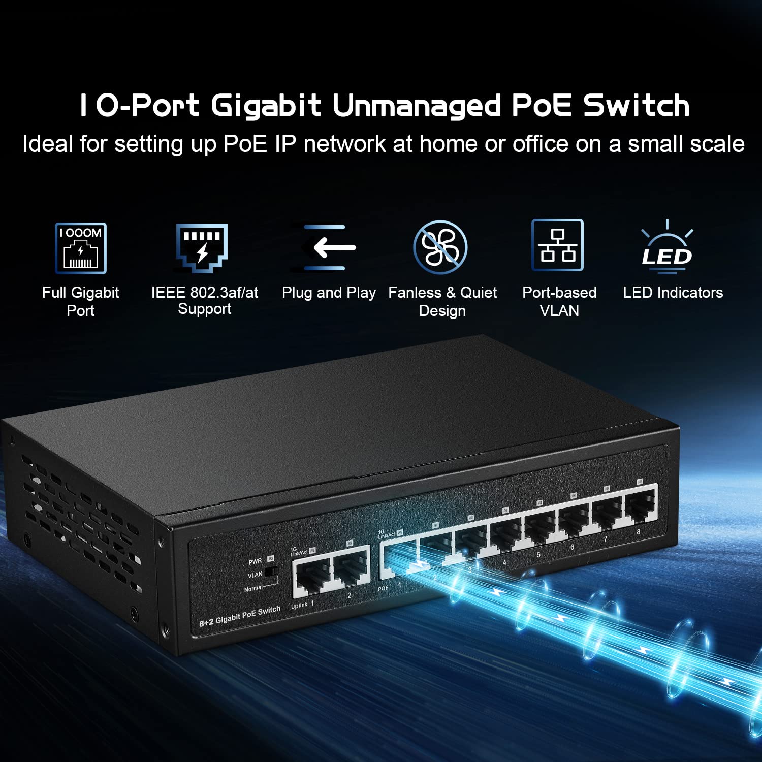 Binardat 10 Port Gigabit Poe Switch, 8 Poe+ Ports 1000Mbps, 2 Gigabit Uplink, Ieee802.3Af/At, 120W Internal Power Supply, Metal
