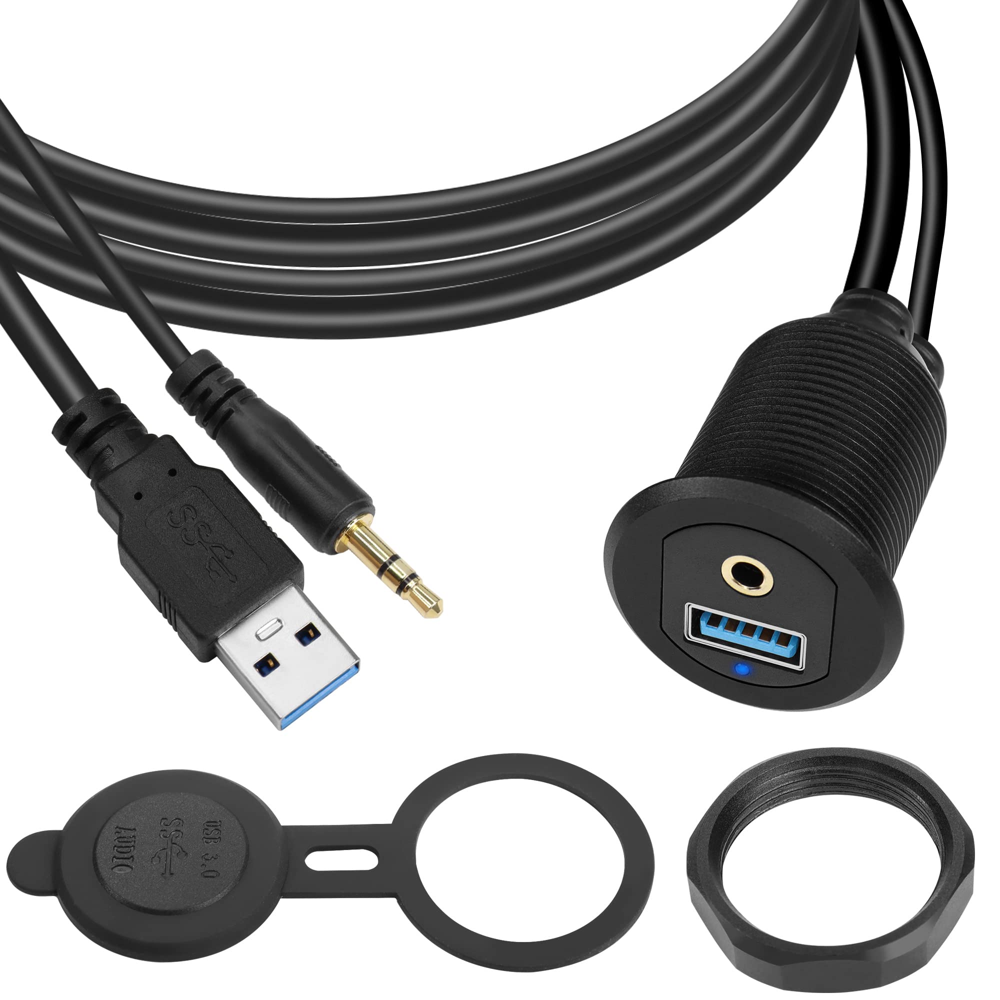 Qianrenon Usb3.0 & 3.5Mm Audio Threaded Fixed Embedded Car Waterproof Cable 5Gbps Trs 3.5Mm & Usb3.0 Dashboard Panel Mount Exten