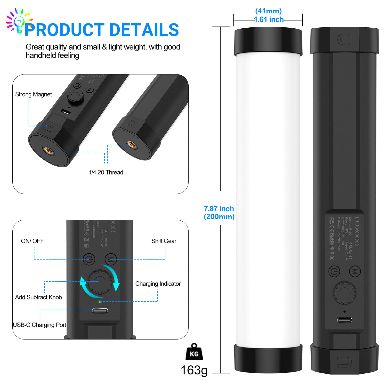 Luxceo Handheld Light Wand, Multicolor Rgb Led Video Light For Photography, 2000Mah Rechargeable Mini Light Stick For Video Shoo