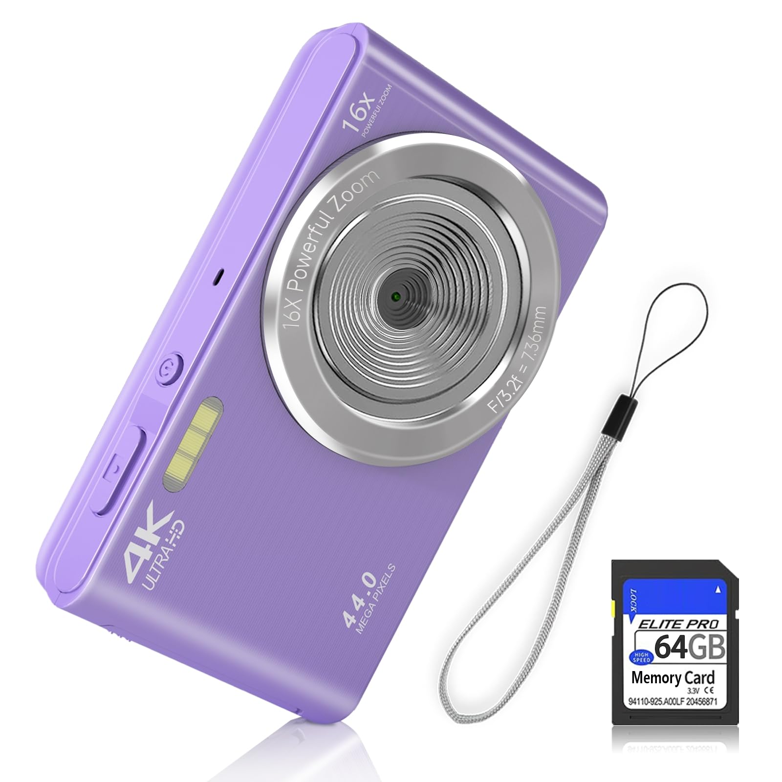 Fhd 4K 44Mp Digital Camera For Kids Video Camera With 64Gb Sd Card 16X Digital Zoom, Compact Point And Shoot Camera Portable For