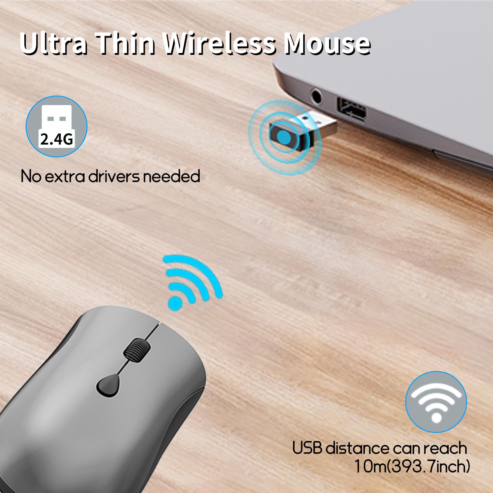 Wireless Mouse For Chromebook, Laptop, Pc, Macbook, Slim Portable Optical Computer Mouse With Usb Mini Receiver, Quiet Click, 24