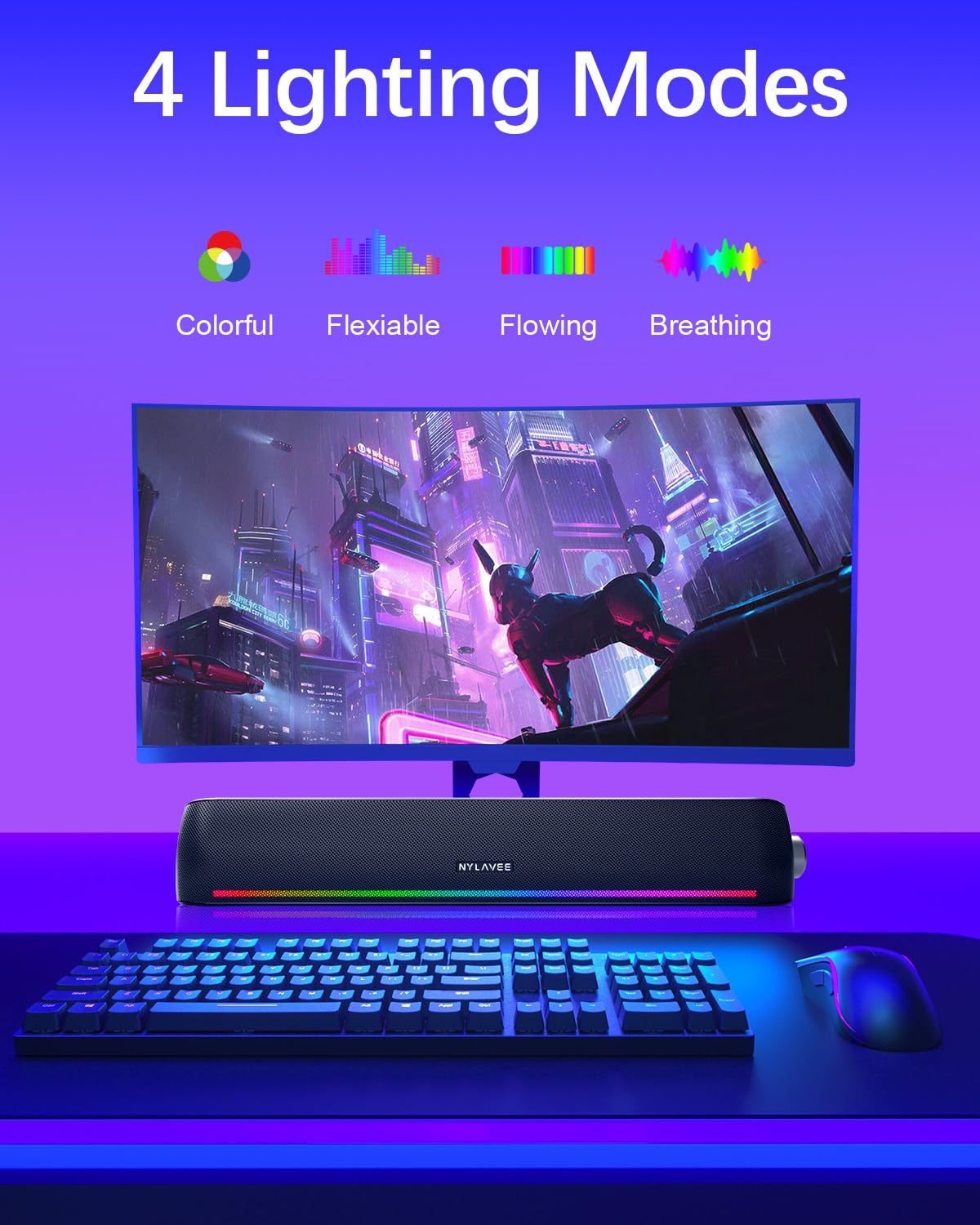 Computer Speakers, Hi Fi Sound Quality Computer Sound Bar, Bluetooth 5.0 & 3.5Mm Wired Pc Speakers With 4 Dynamic Lighting Modes