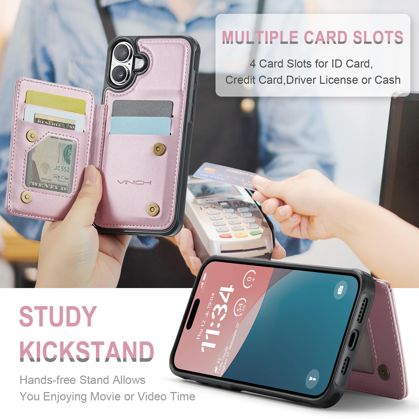 Vinich For Iphone 16 6.1'' Wallet Case With Card Holder, Rfid Blocking For Iphone 16 Case For Women Men, Durable Kickstand Shock