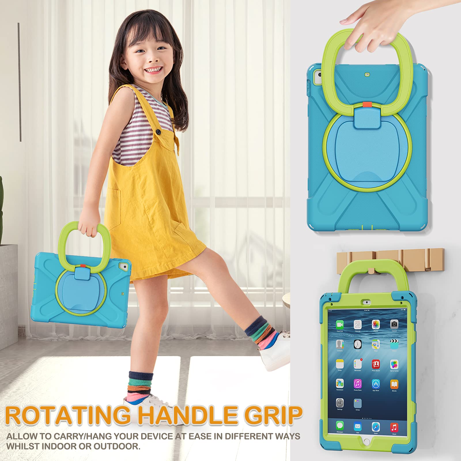 Braecn Kids Case For Ipad 6Th/5Th Generation(2018/2017), 3 Layer Full Body Rugged Silicone Case With Rotatable Handle Grip, Shou