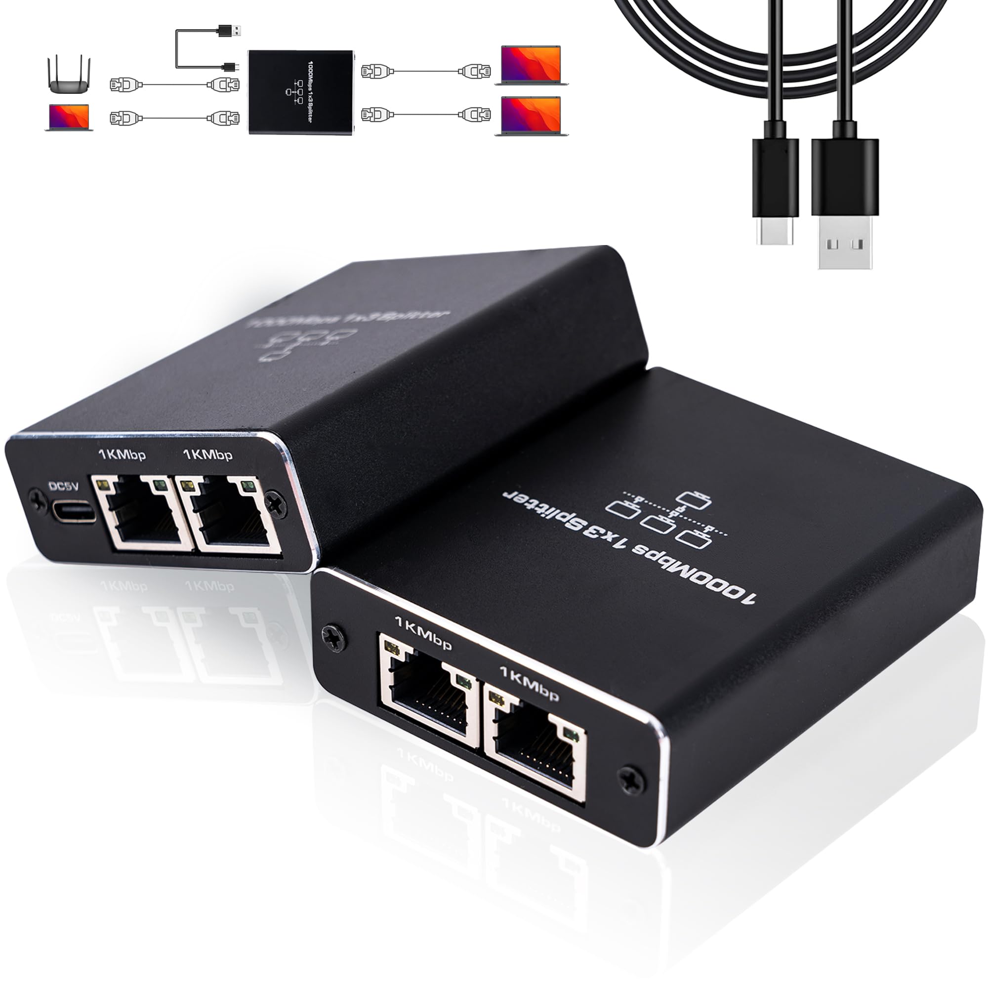 Liezhua Upgrade Ethernet Splitter 1 To 3 High Speed 1000Mbps, Lan Splitter With Usb Power Cable, Rj45 Splitter For Cat5/5E/6/7/8