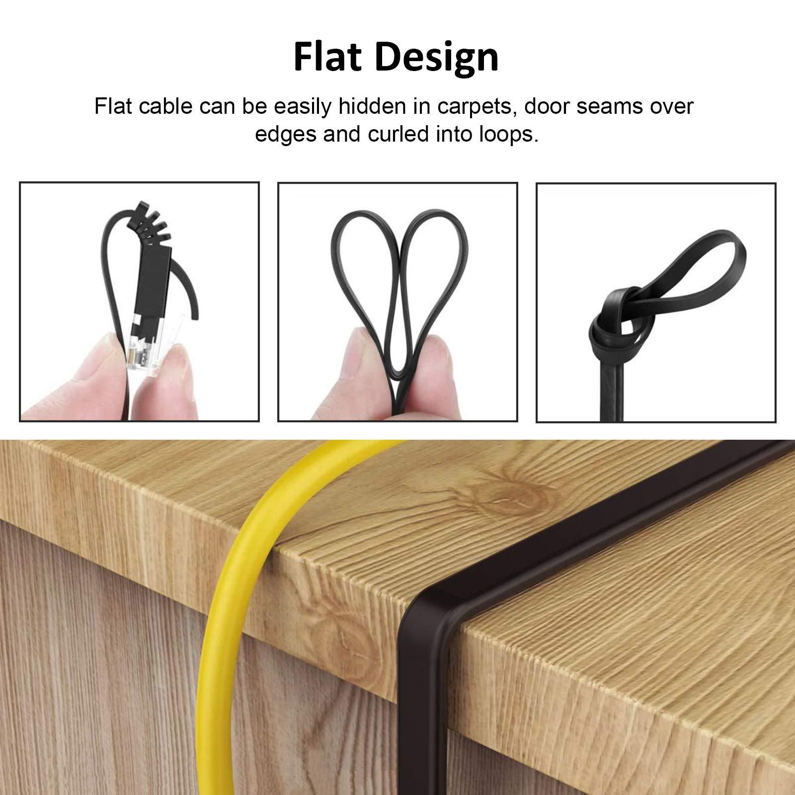 Yauhody Cat 6 Ethernet Cable 7Ft 6 Pack Black, High Speed Solid Flat Cat6 Gigabit Internet Network Lan Patch Cords, Bare Copper Snagless Rj45 Connector For Modem, Router, Computer (7Ft 6 Pack, Black)