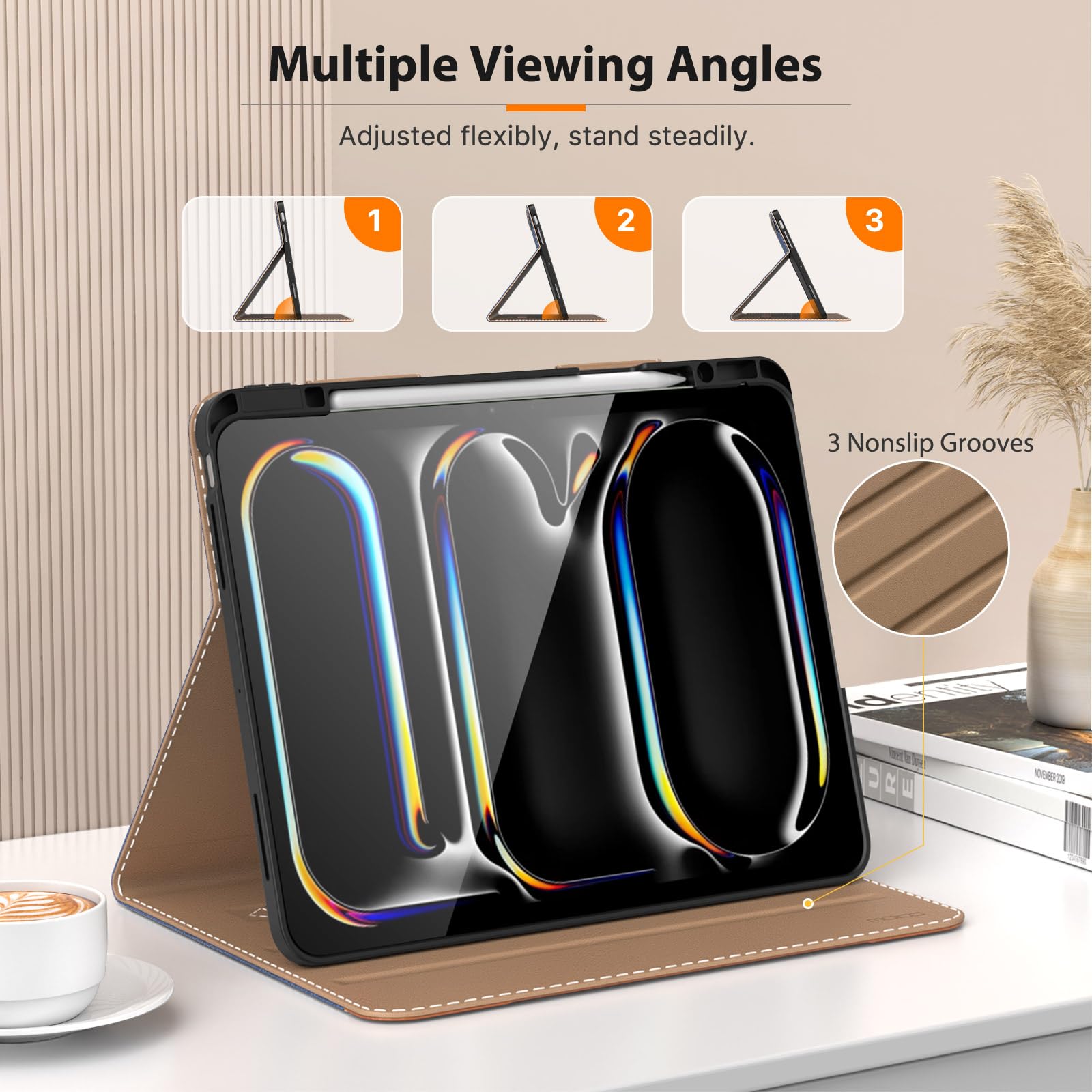 MoKo for iPad Pro 13 Inch Case 2024 (M4) with Pencil Holder & Pocket, Built in Hand Strap, Multi Angle Viewing, Premium PU Leather Folio Cover for iPad Pro 13 2024, Denim Blue & Brown