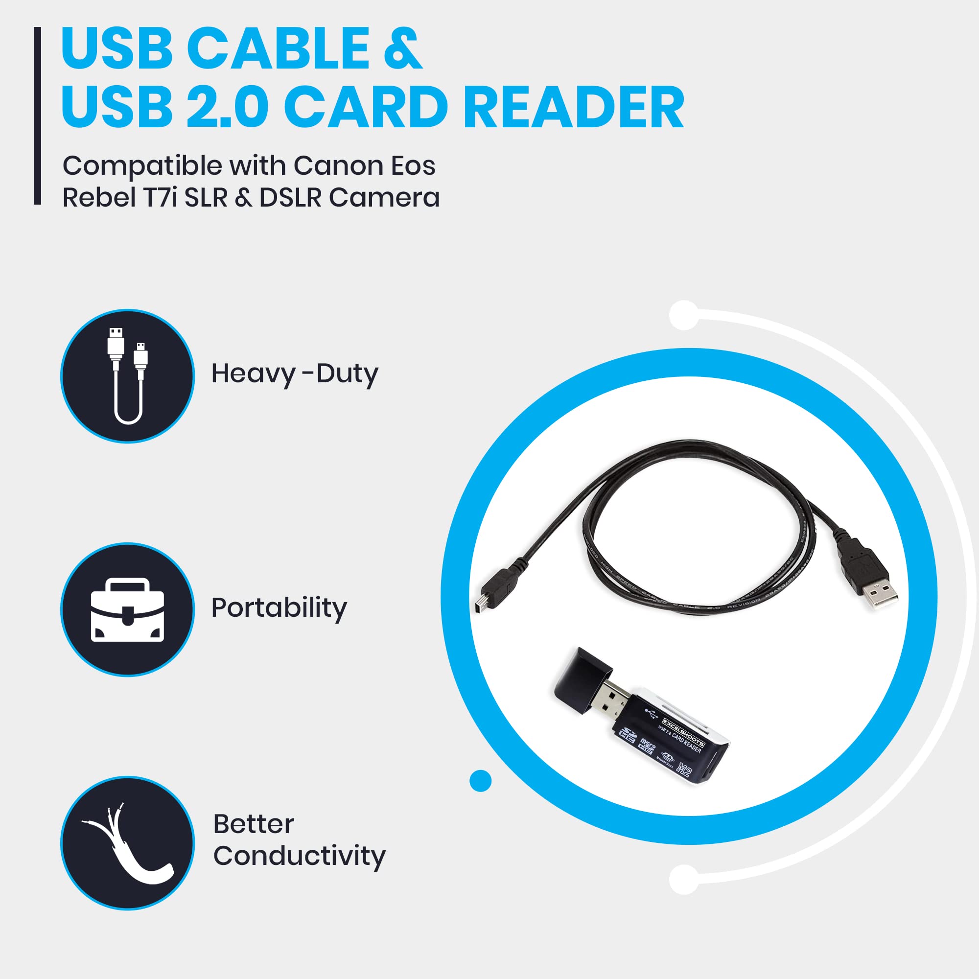 Excelshoots Usb Cable Compatible With Canon Eos Rebel T7I Dslr Camera| Mini Usb Data Transfer Cable For Canon Powershot/Rebel/Eos/Dslr Cameras & Camcorders| Camera Cable & Memory Card Reader| 3 Ft