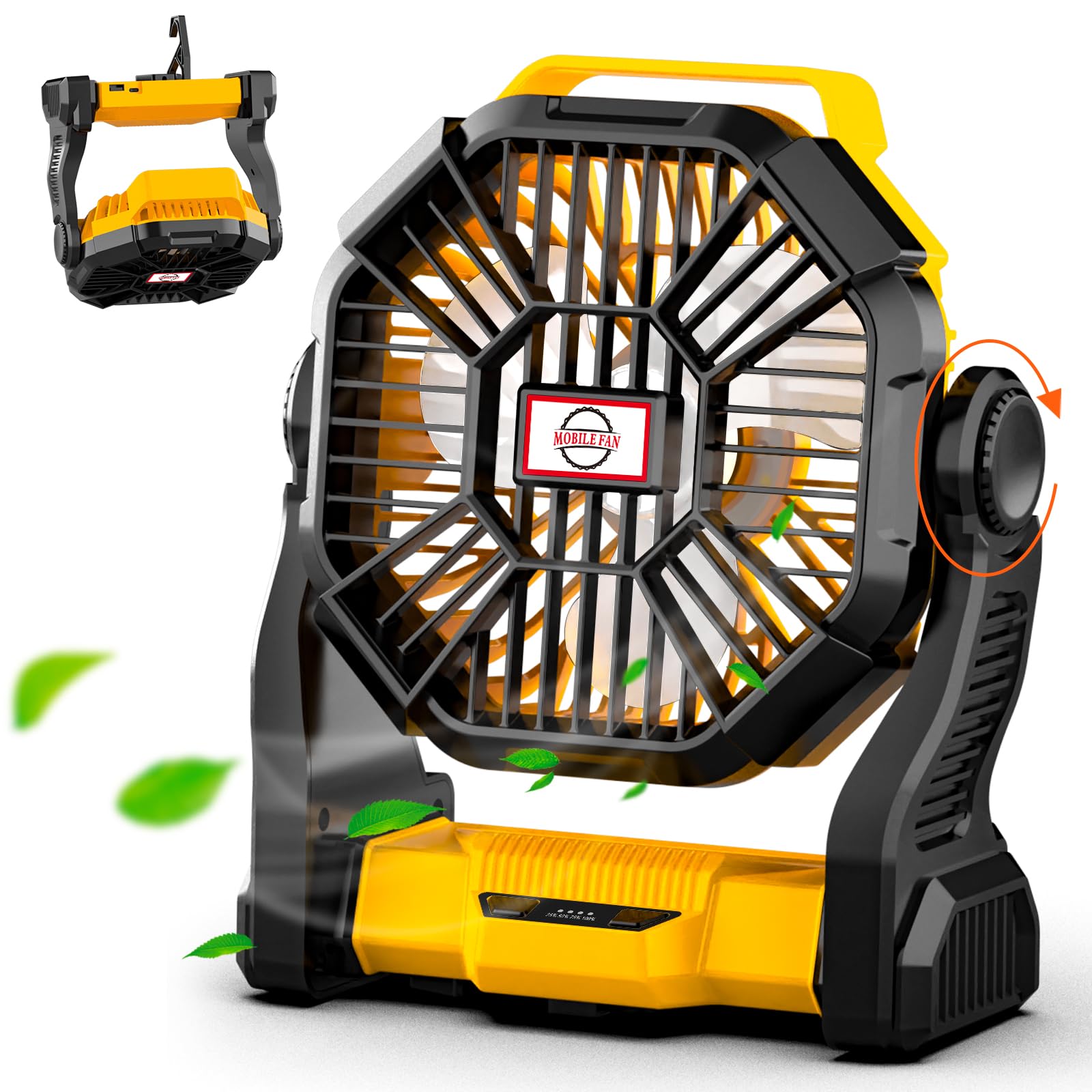 Sendowtek Portable Battery Fan with LED Light, 10400mAh Quiet Rechargeable Tent Fan with Hanging Hook 4 Speed Small USB Battery 