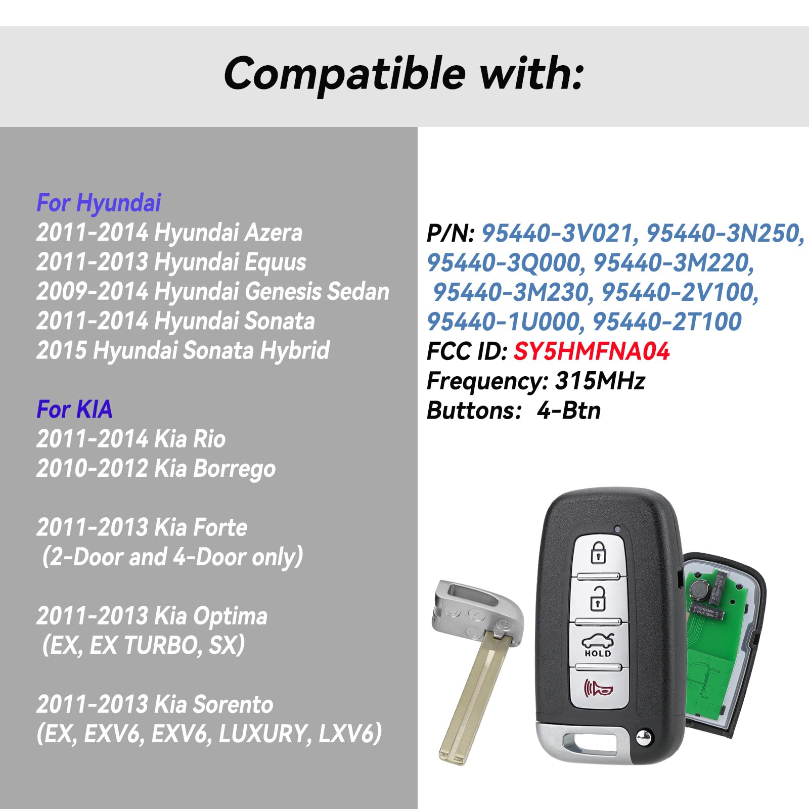 Key Fob Replacement For Hyundai Sonata Genesis 2011 2012 2013 2014 Azera Equus Kia Optima Sorento Borrego Smart Keyless Entry Re