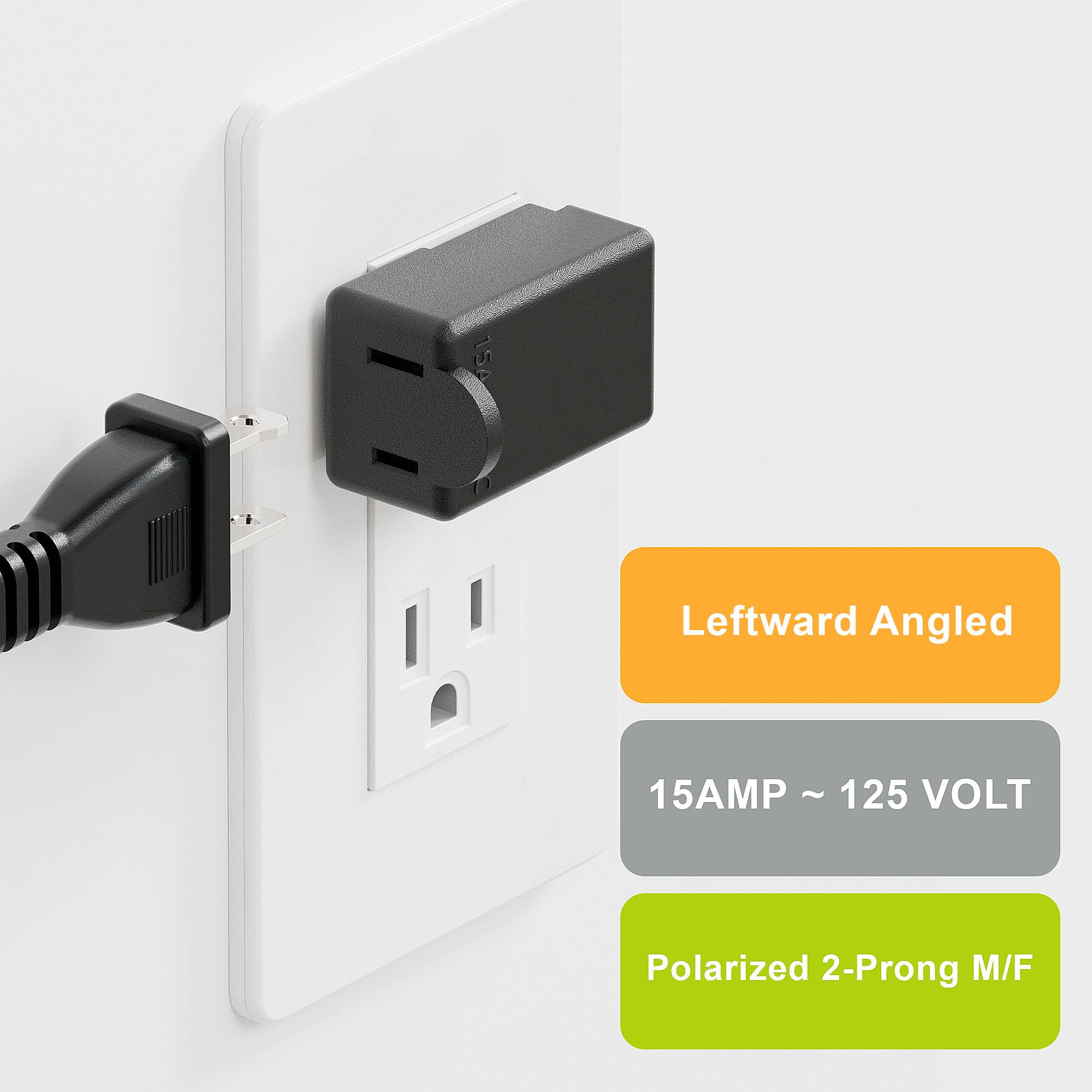 Right Angle Adapter,2 Prong 90 Degree Leftward Angled Ac Adapter, Polarized 2 Prong L Type Adapter, Vertical Right Angled Down A