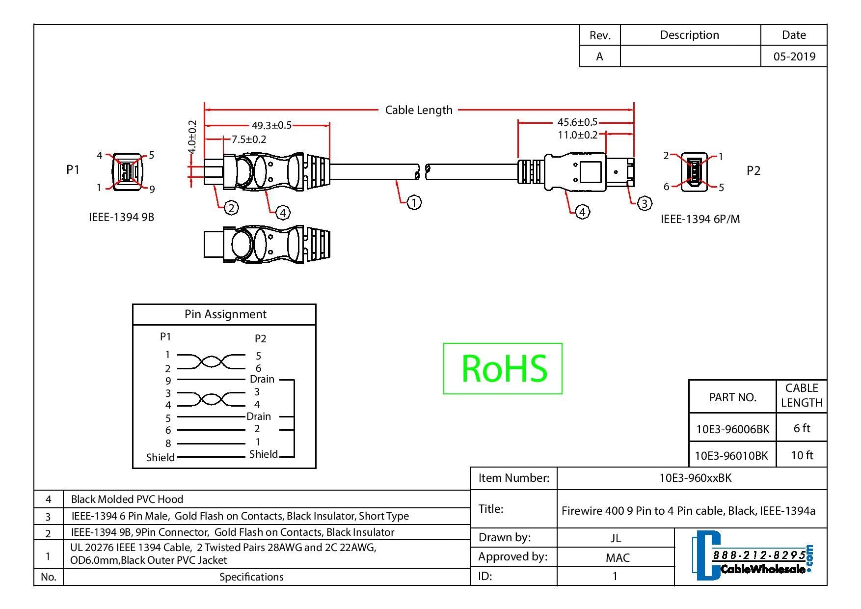 Cablewholesale Firewire 400 6 Pin To 9 Pin Cable, Male To Male Ilink Dv Cable, 9 Pin/6 Pin Ieee 1394A, Black, 6 Feet