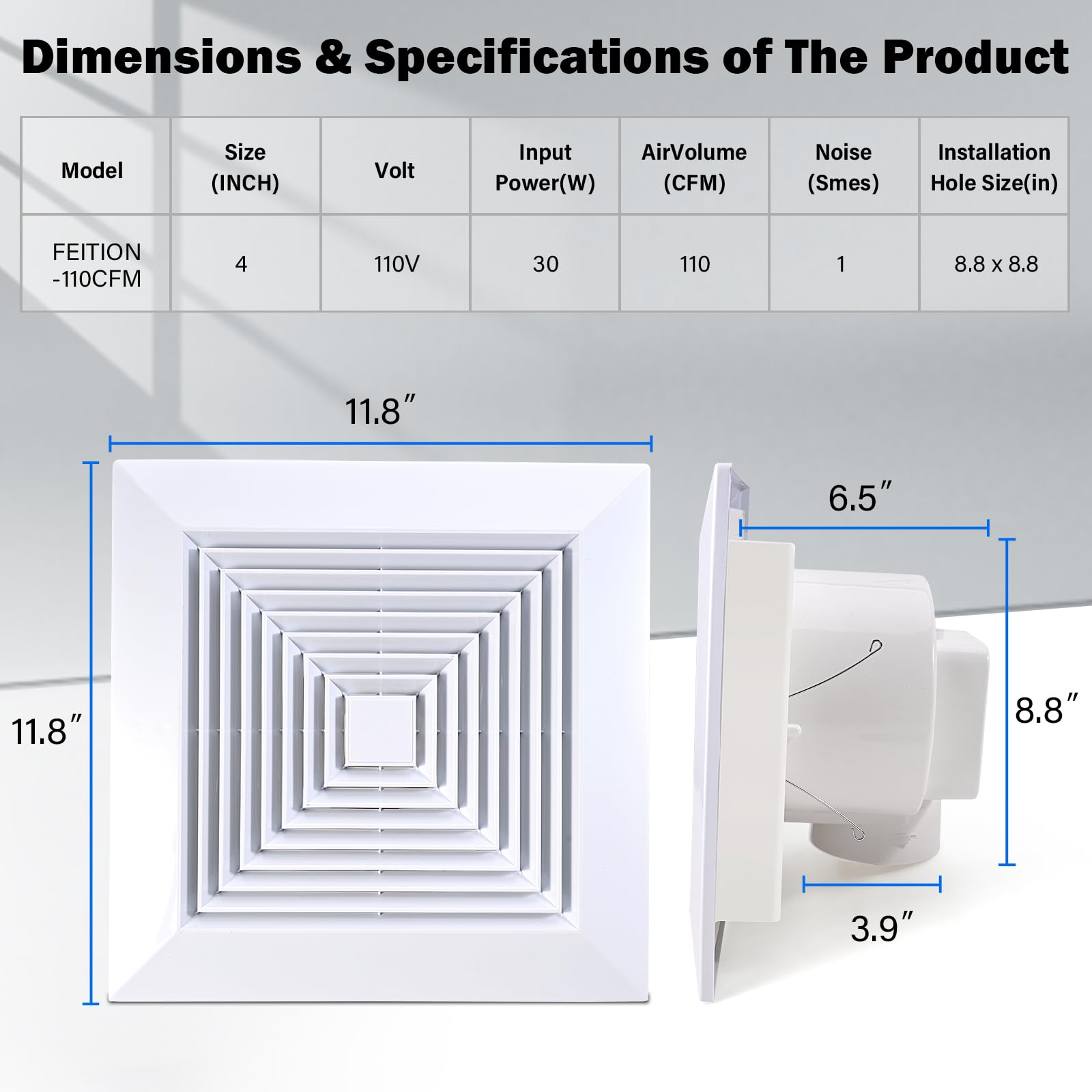 Feiton 110 Cfm Bathroom Fan Exhaust Fan Ceiling Mount, 26W, 110V, 1.0 Sones, Square Quiet Ventilation Fan, 4 In Duct, 9.1 X 9.1