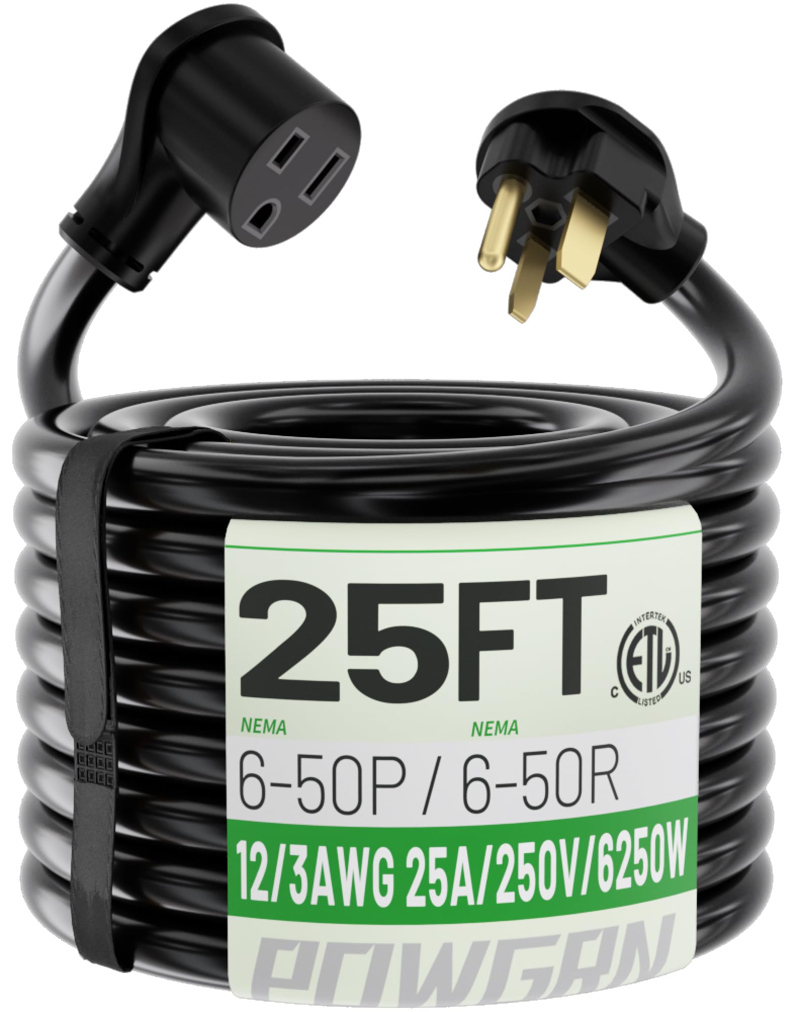 Powgrn 25 Amp 25Ft Welder Extension Cord Outdoor 12 Gauge, 250V Nema 6 50 Heavy Duty Welding Cord 3 Prong, 12Awg Sjtw Black, Etl