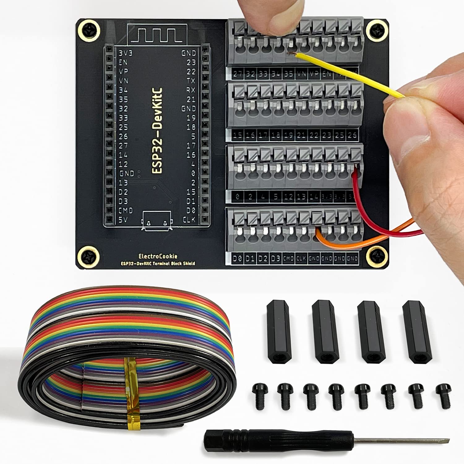 Electrocookie Esp32 Terminal Block Shield Kit, Compatible For Esp32 Devkitc, Push In Simple Spring Connector Expansion Pcb Modul