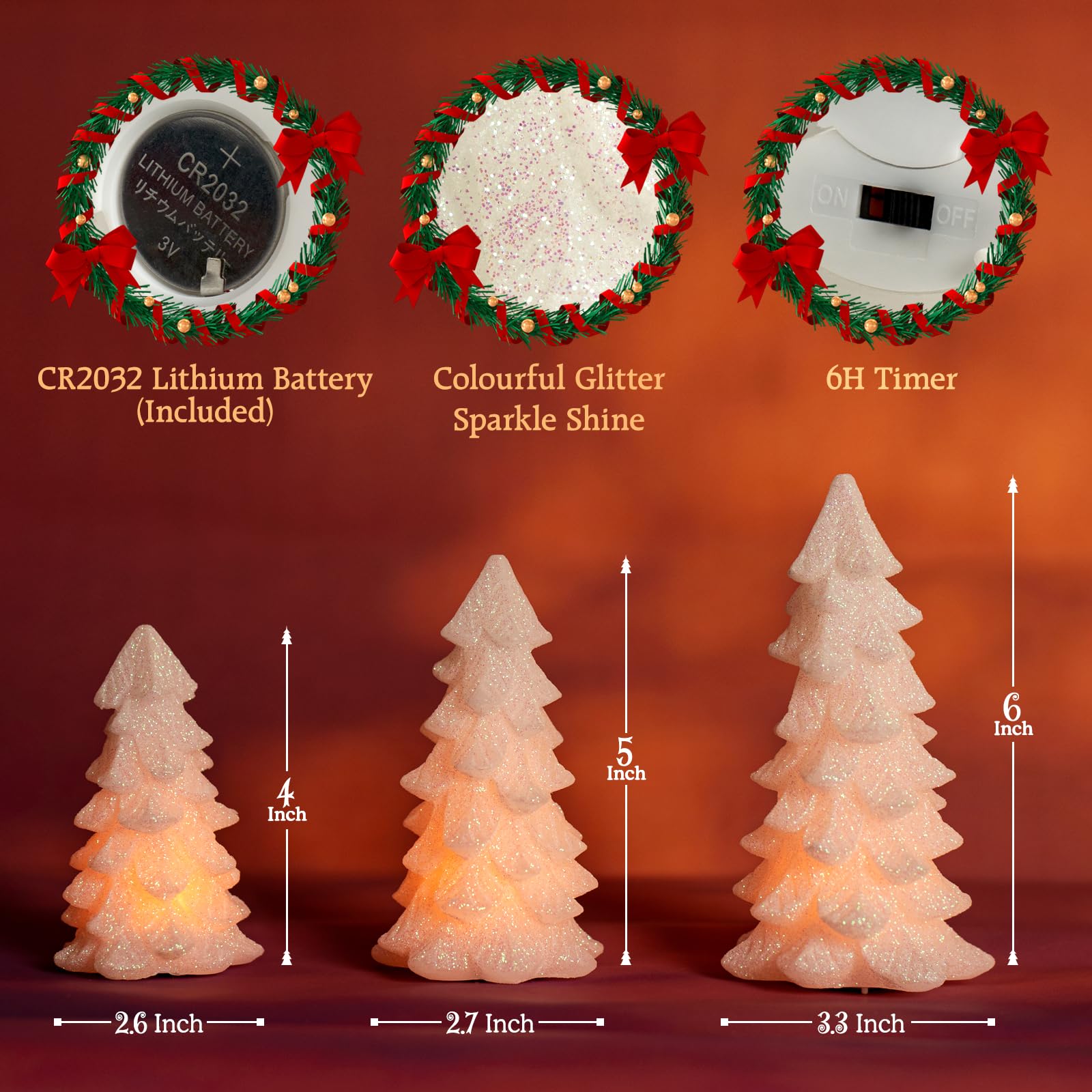 Hn Haiinaa White Glittering Christmas Tree Shaped Flameless Candles With Timer, Real Wax Flickering Battery Operated Led Candles