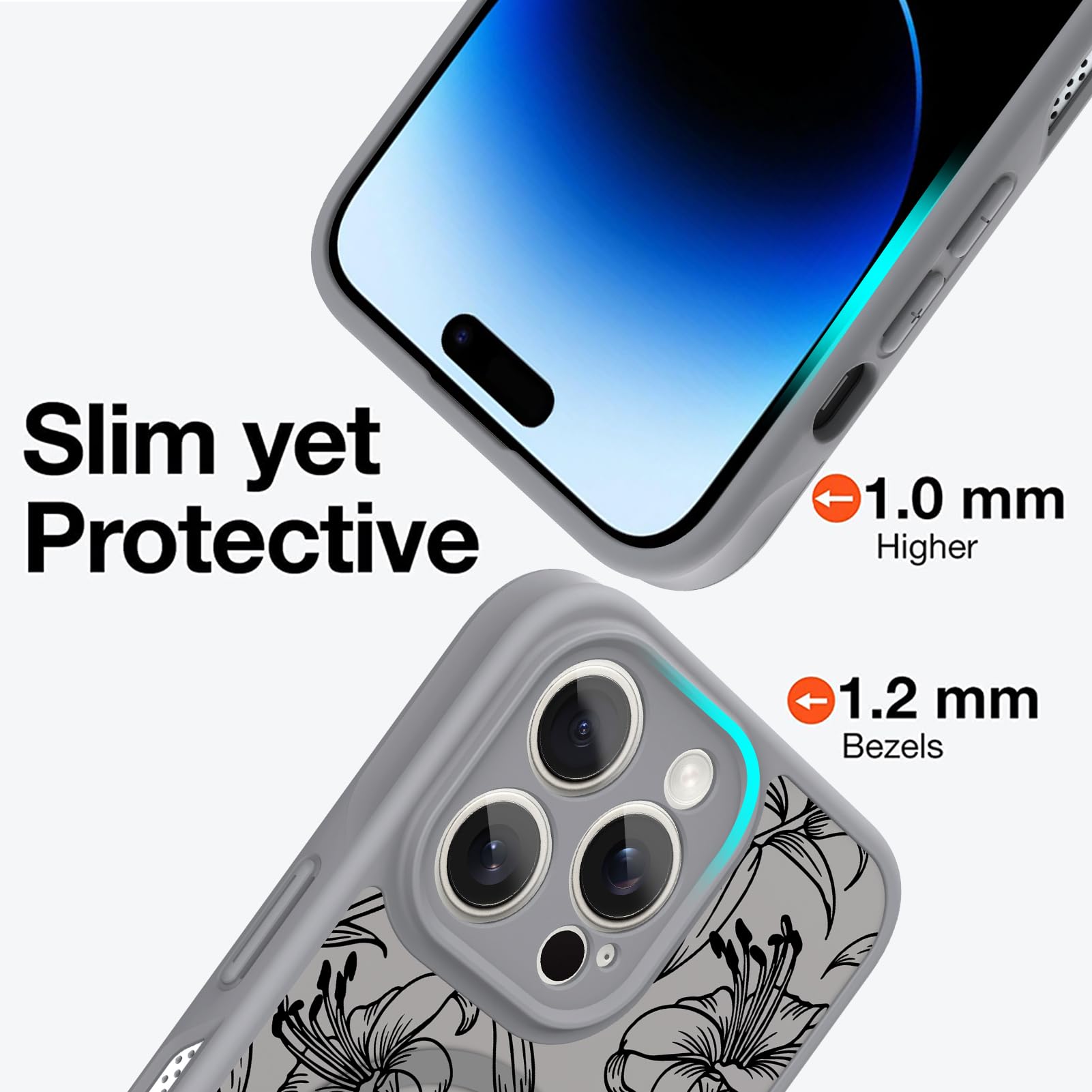 Ook Magnetic For Iphone 14 Pro Max Case Grey Flower Lily Pattern [Compatible With Magsafe] Slim Translucent Matte Camera Lens Pr