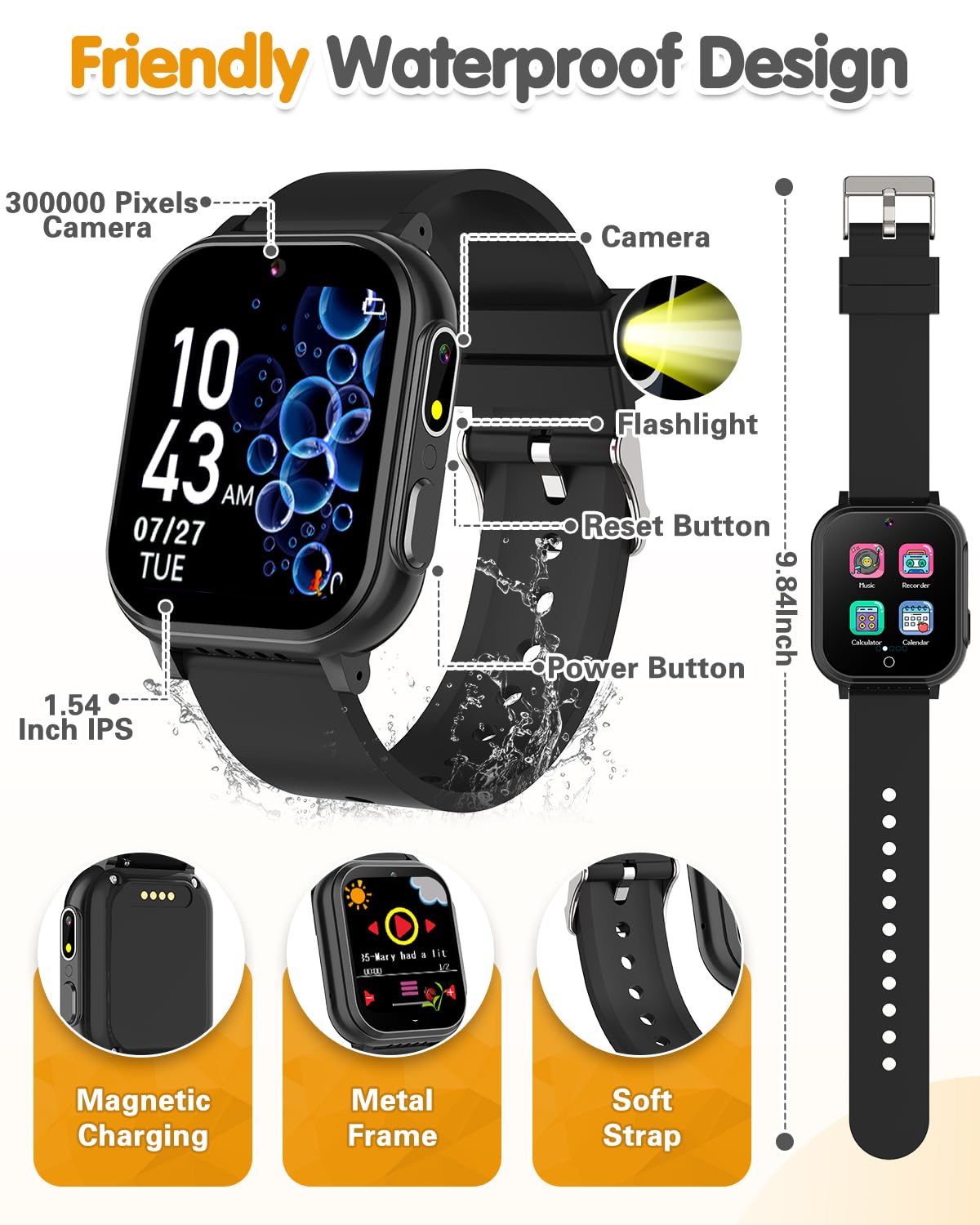 Kids Waterproof Smart Watch Boys Toys Age 5-12 With 32 Games, Dual Camera, Habit Tracking, Music Player, Video, Alarm Clock, Hd