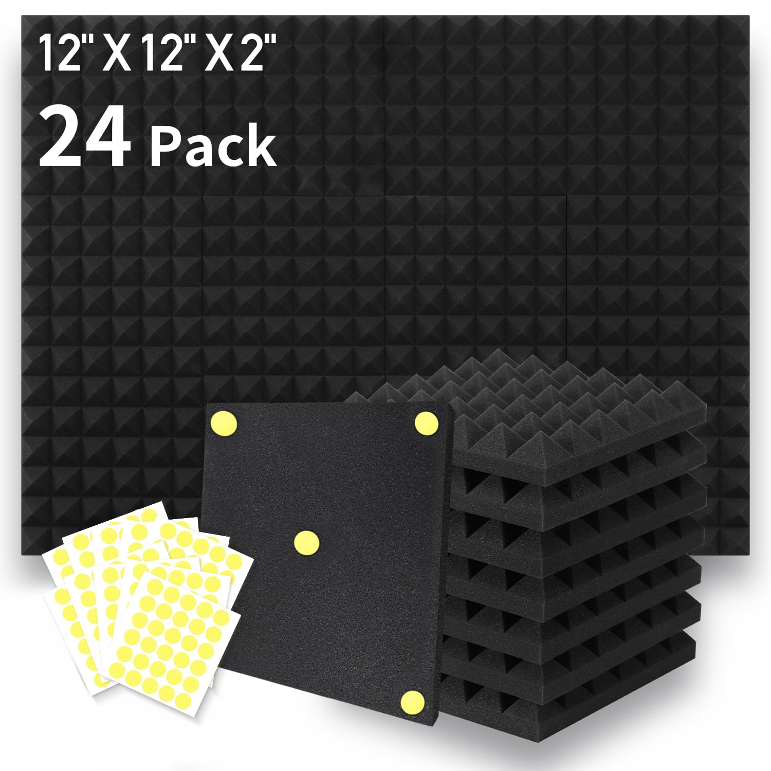 Focusound 24 Packs Acoustic Foam Panels Pyramid 2'' X 12'' X 12'', Soundproofing Foam Noise Cancelling Foam With 120 Pcs Double 