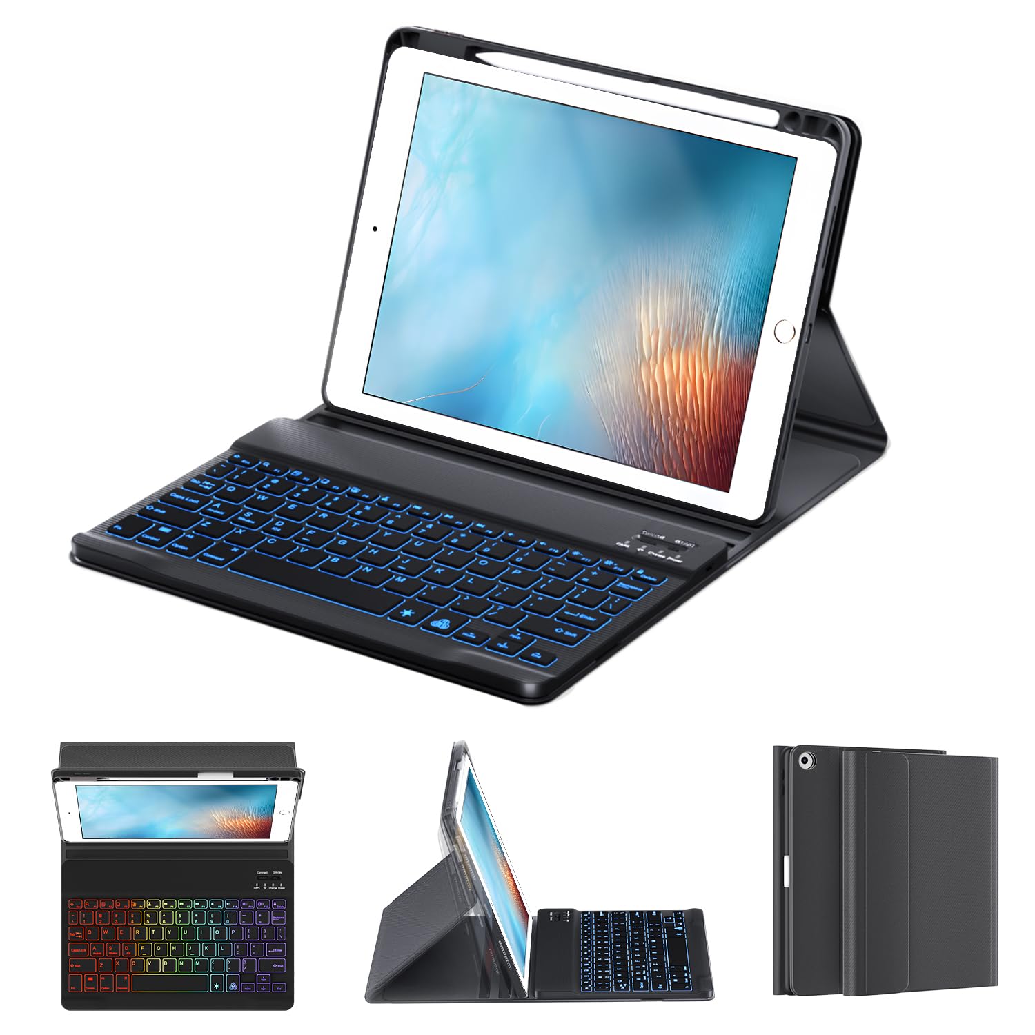 Oyeeice Keyboard Case For Ipad 6Th Generation 9.7 Inch   7 Color Backlit Detachable Wireless Keyboard, Smart Folio Cover With Pe